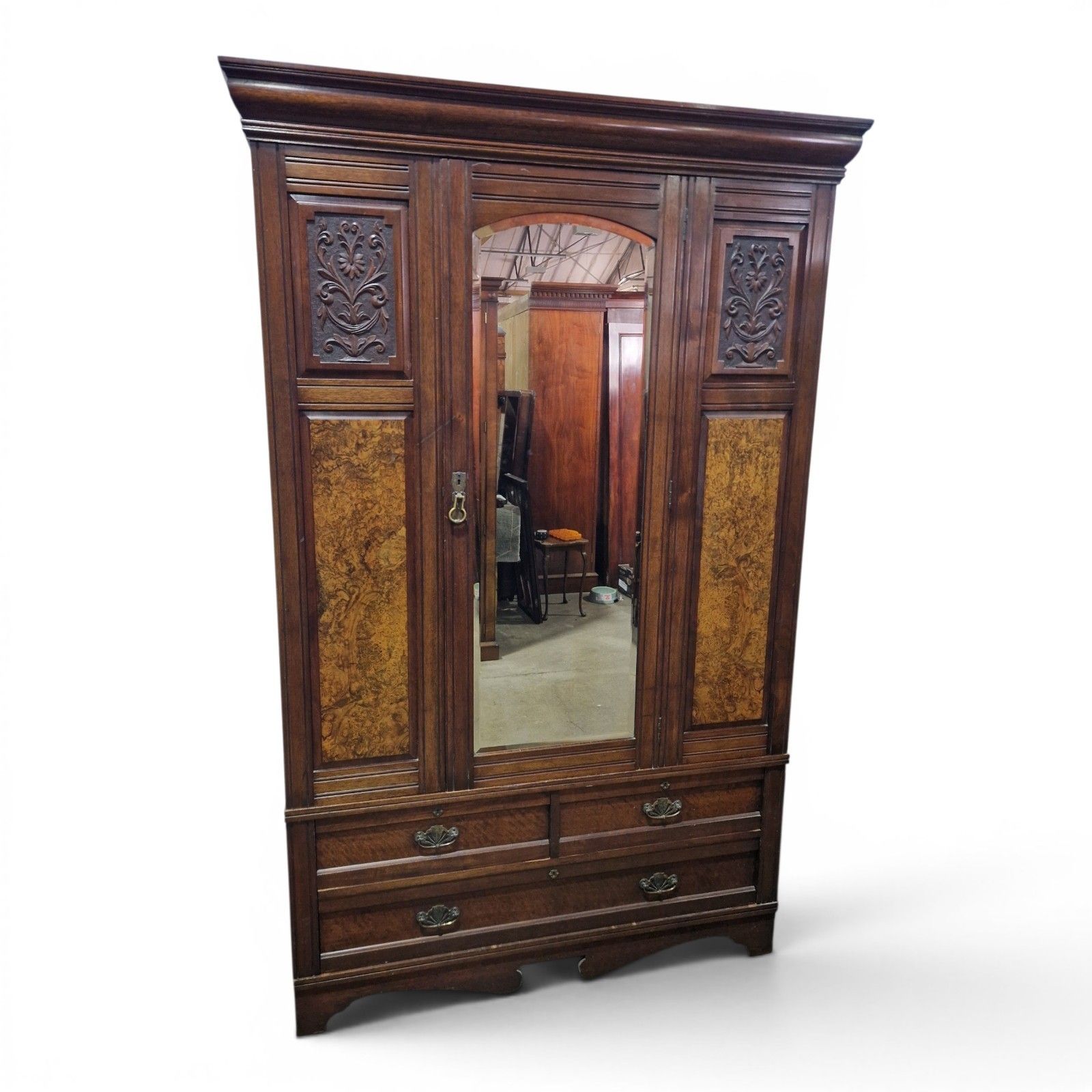 Antique Victorian Carved Walnut Single Wardrobe Mirrored Door Burr Armoire photo furniture