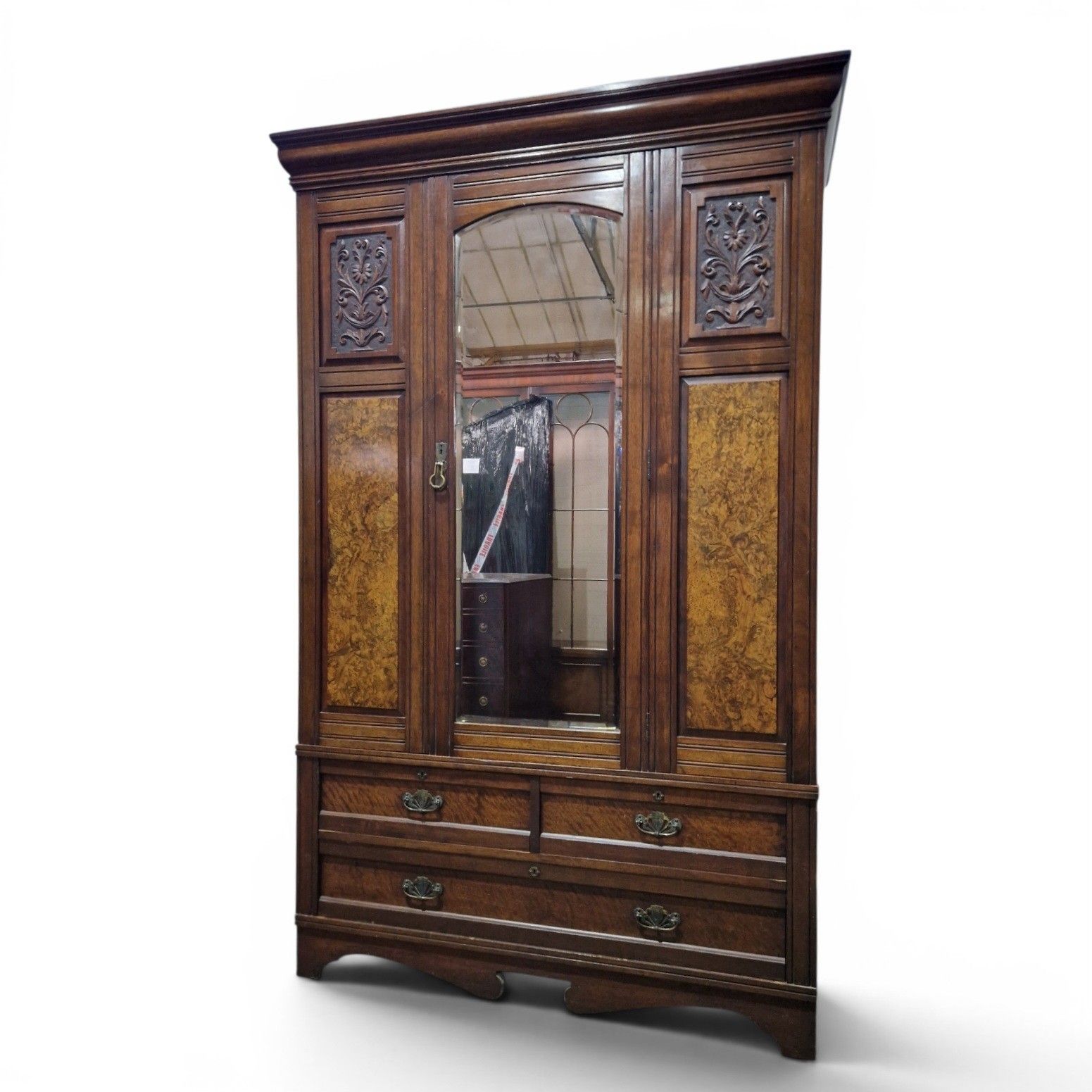 Antique Victorian Carved Walnut Single Wardrobe Mirrored Door Burr Armoire photo Furniture