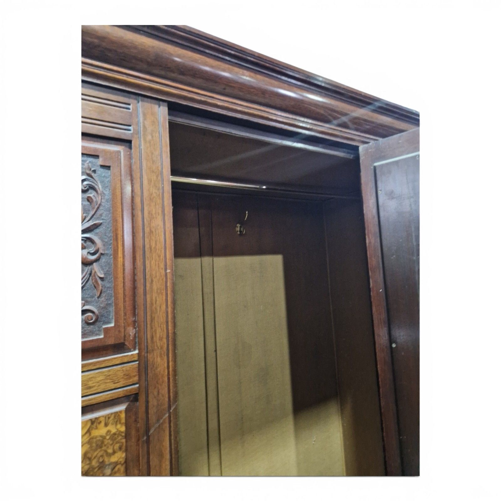 photo for sale Antique Victorian Carved Walnut Single Wardrobe Mirrored Door Burr Armoire