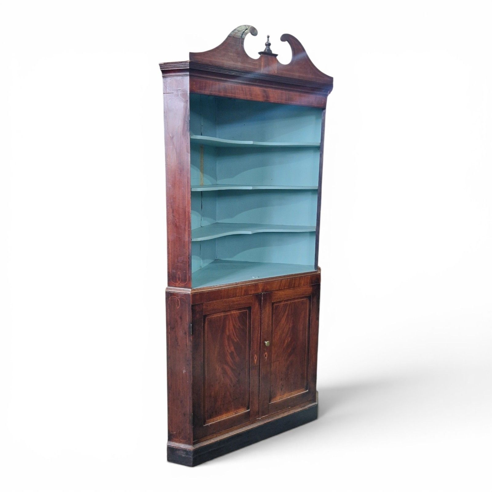 145.0 Antique Inlaid Mahogany Corner Cabinet Display Shelves Double Cupboard Bookcase photo