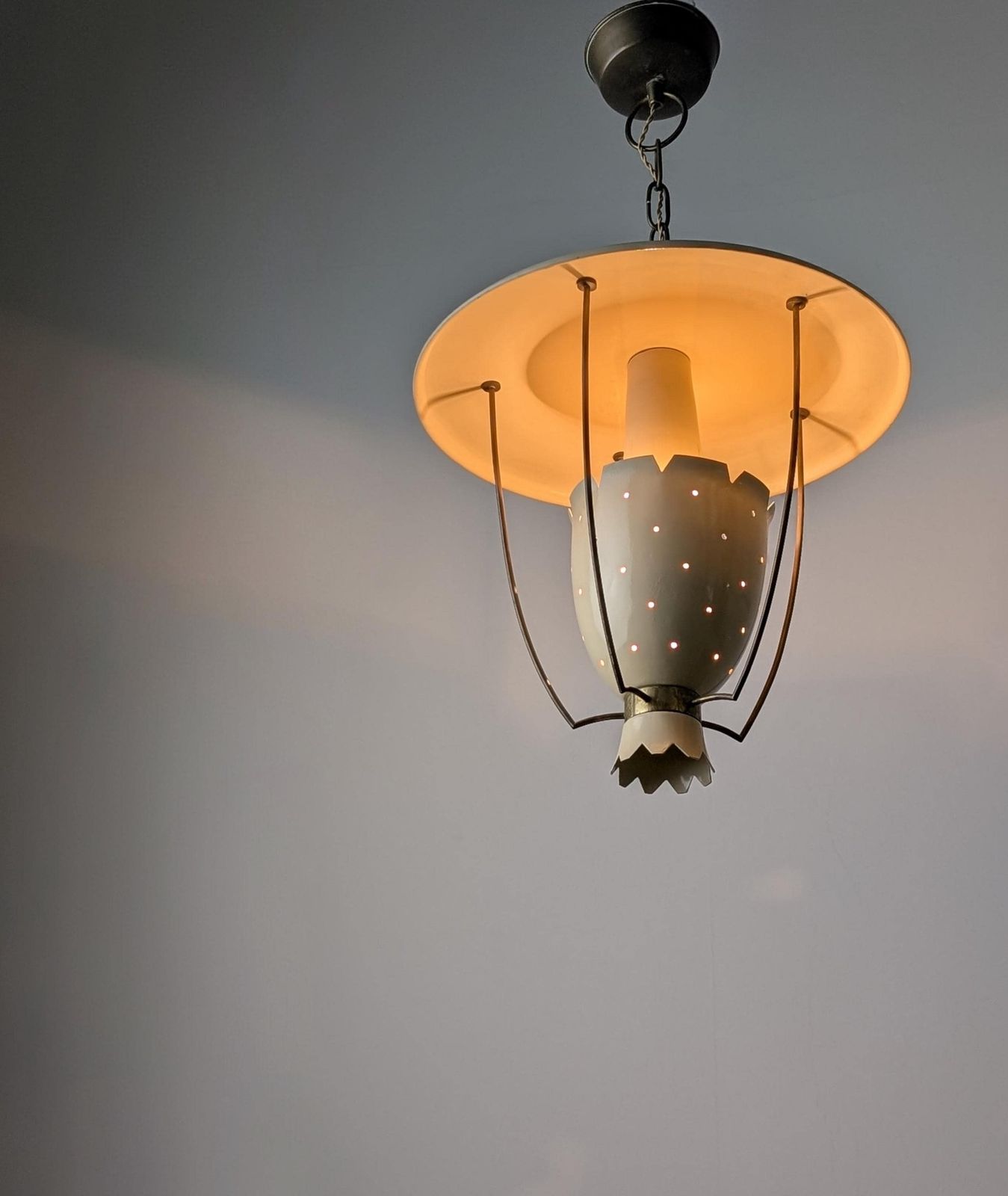 Italian Pendant Light In Perforated Metal With Brass Details, 1940s photo furniture