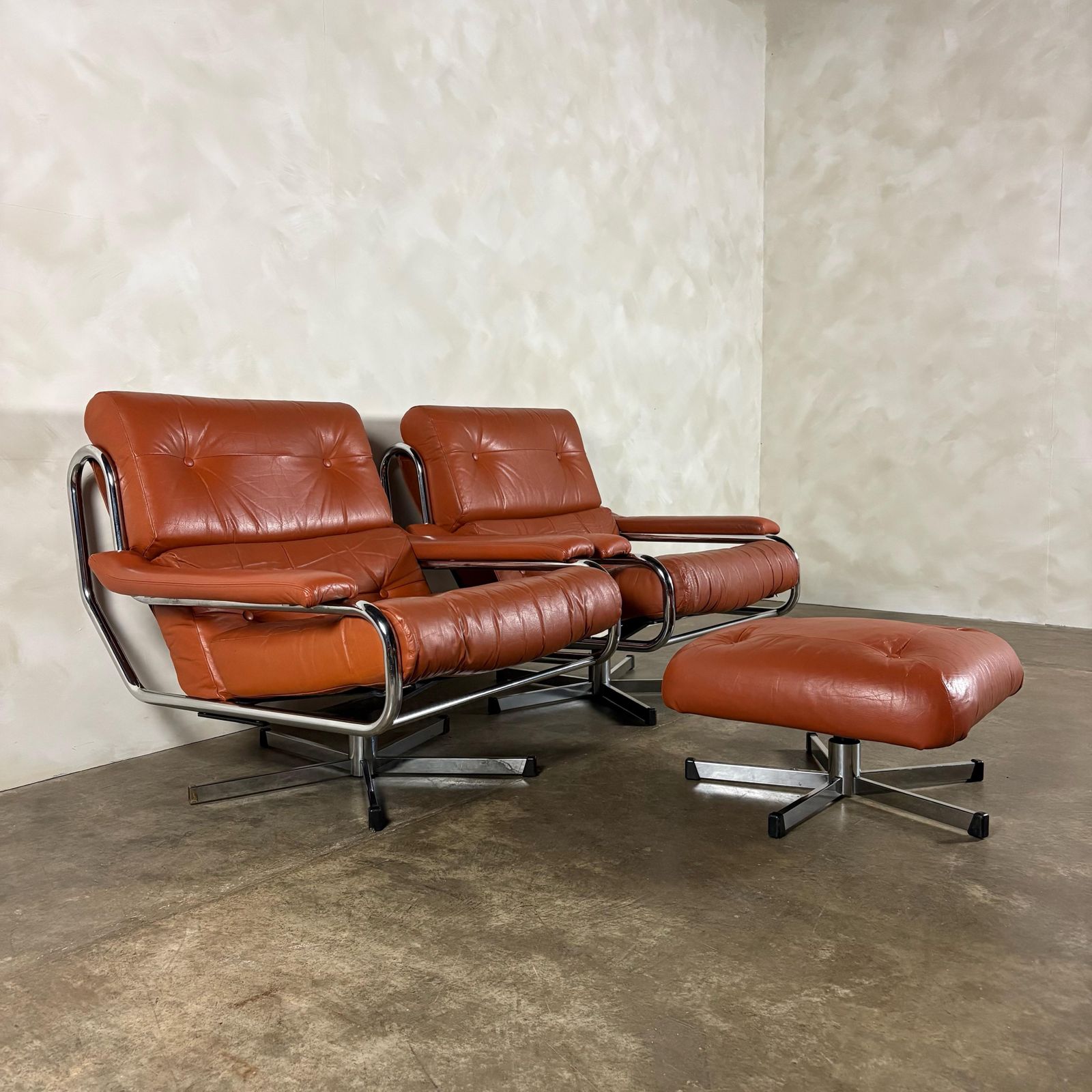 Mid Century Pieff Alpha Tan Brown Leather Three Seater Sofa & Two Swivel Lounge Chairs With Footstool Retro Mcm photo for sale