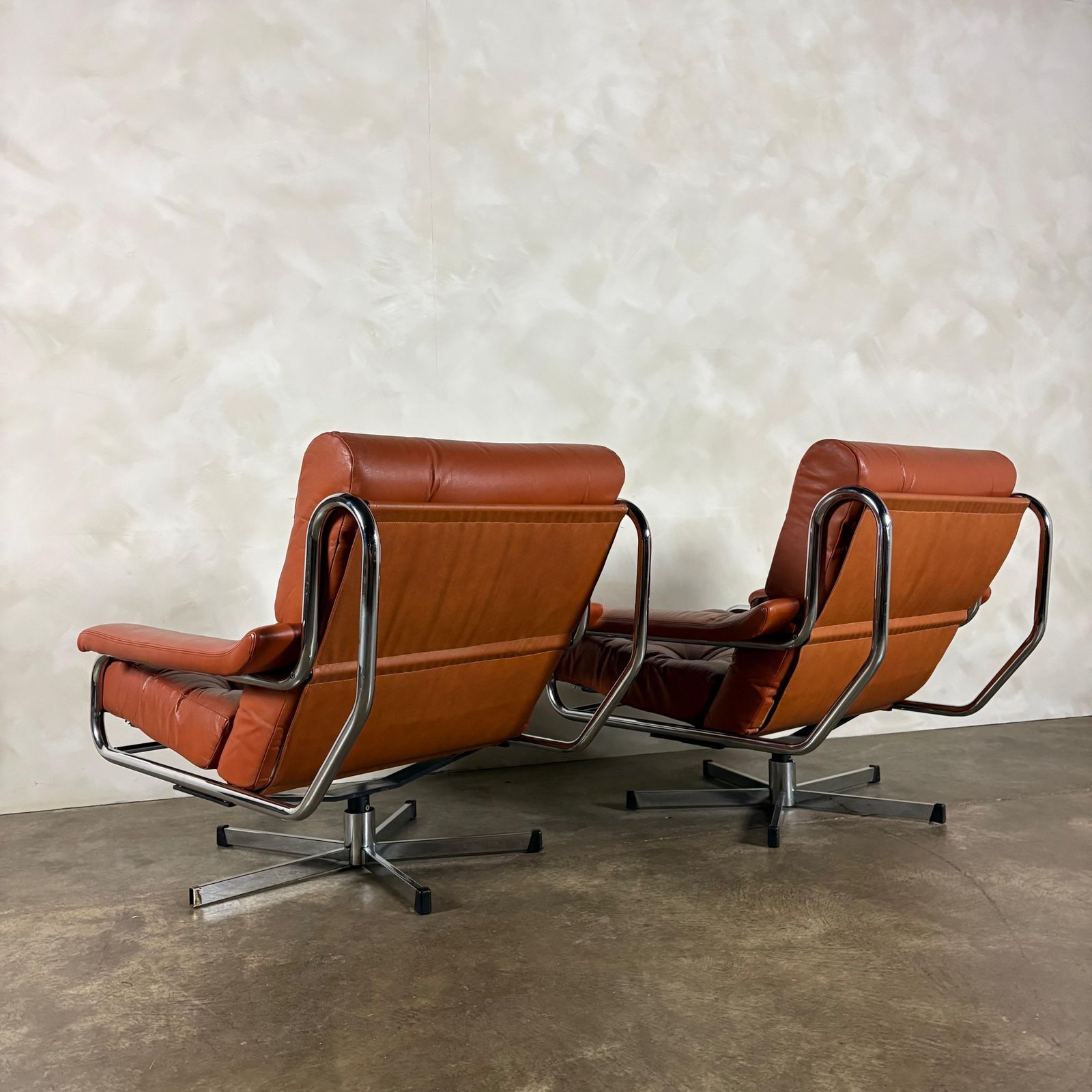 photo for sale Mid Century Pieff Alpha Tan Brown Leather Three Seater Sofa & Two Swivel Lounge Chairs With Footstool Retro Mcm