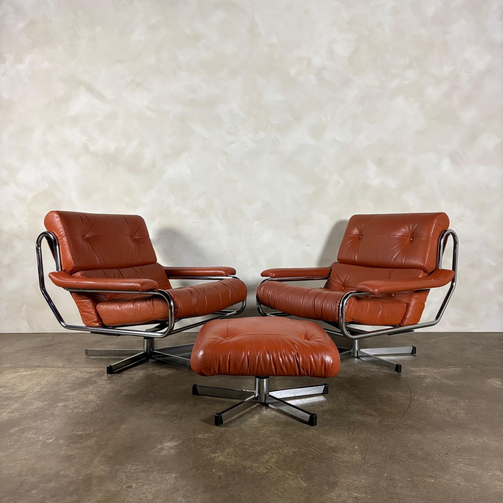 Furniture Mid Century Pieff Alpha Tan Brown Leather Three Seater Sofa & Two Swivel Lounge Chairs With Footstool Retro Mcm photo