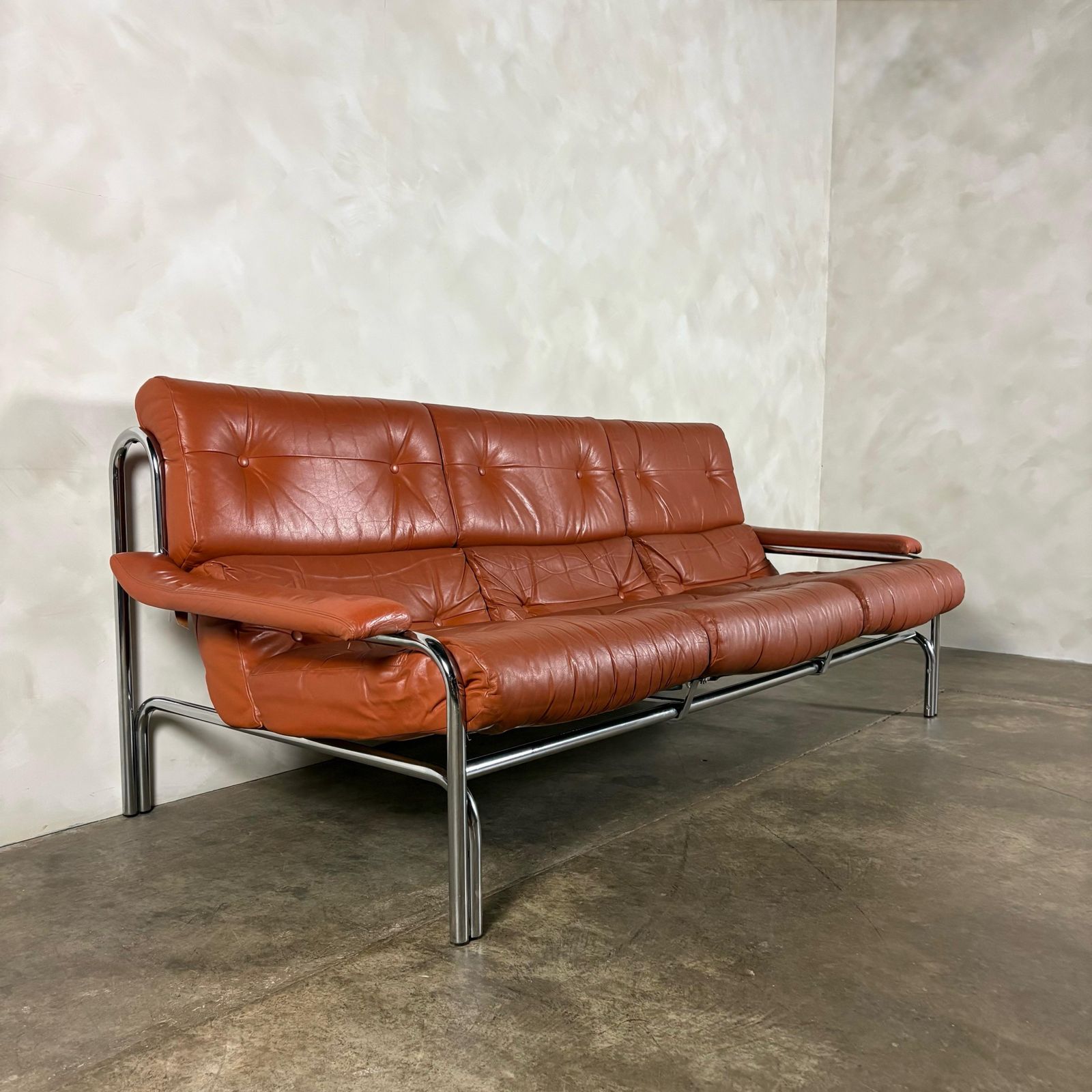 photo buy Mid Century Pieff Alpha Tan Brown Leather Three Seater Sofa & Two Swivel Lounge Chairs With Footstool Retro Mcm