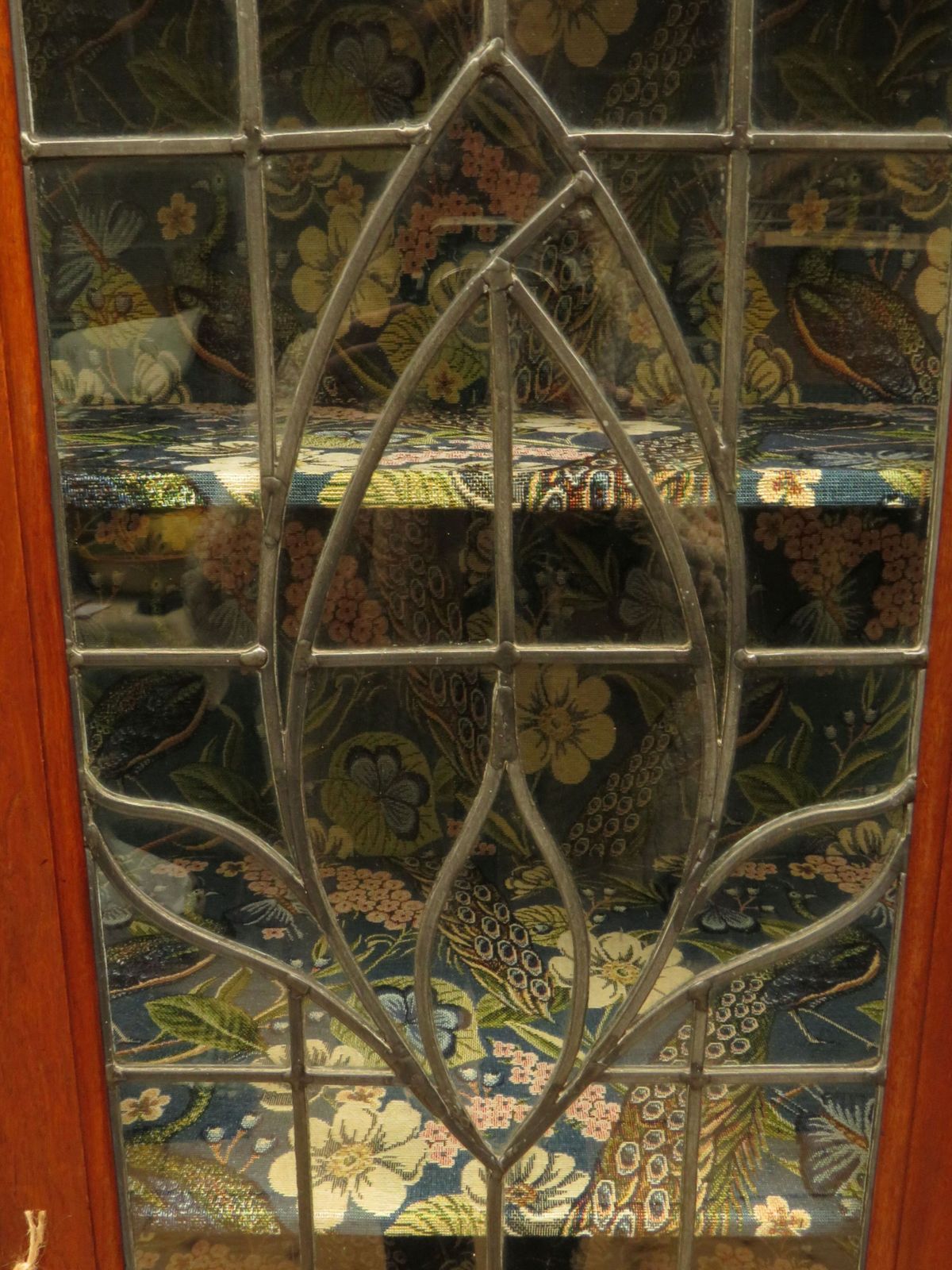 Art Nouveau Glazed Cabinet With Peacock Fabric Interior photo for sale