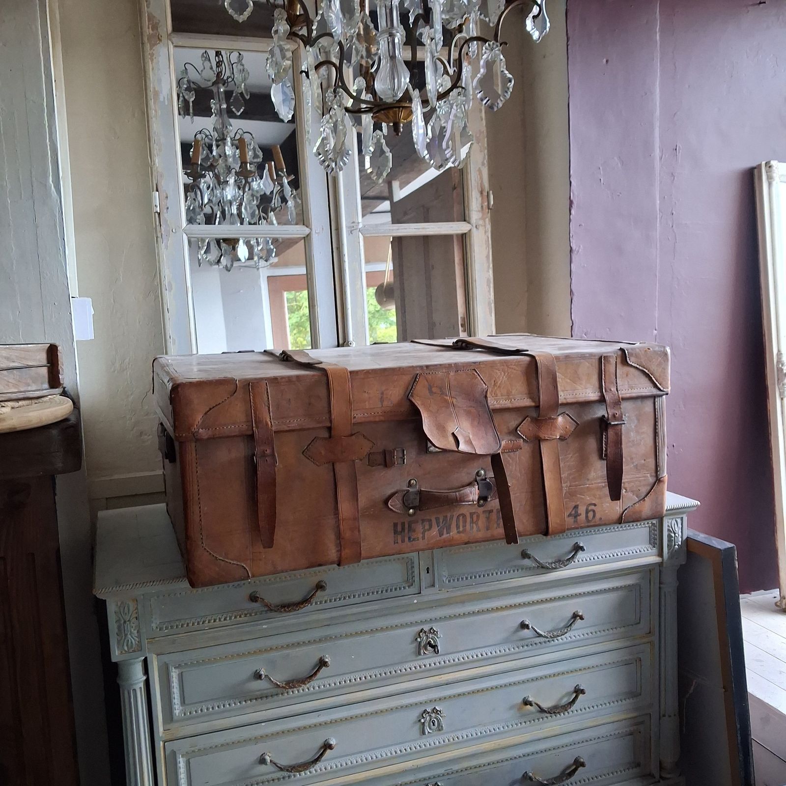 Huge Vintage Brown Leather Trunk Suitcase photo for sale