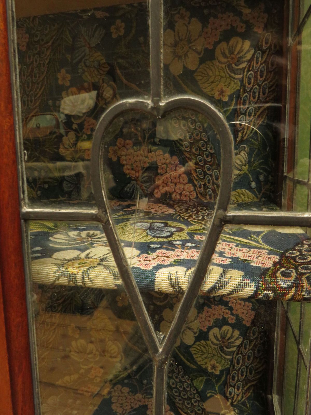Art Nouveau Glazed Cabinet With Peacock Fabric Interior photo vintage
