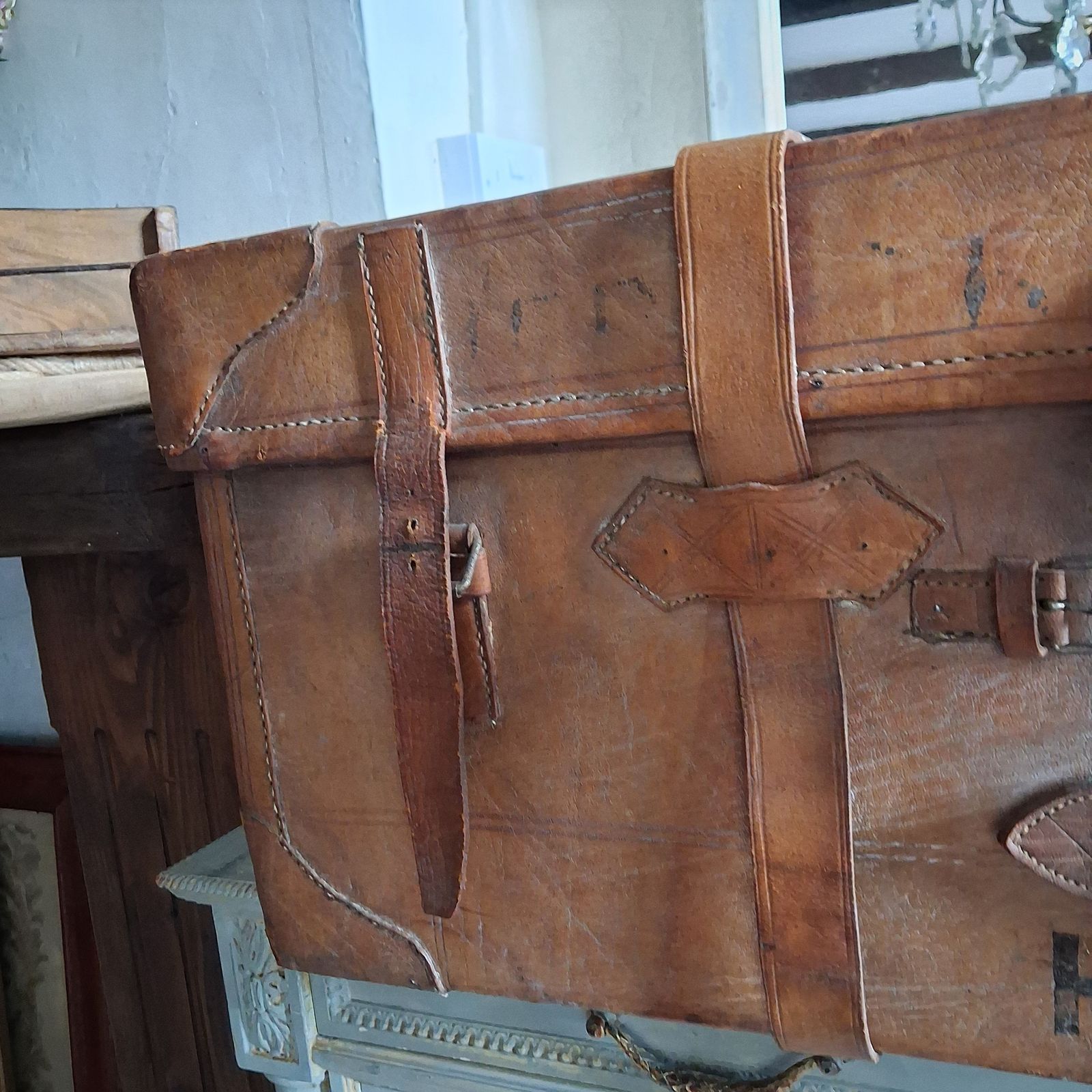 Huge Vintage Brown Leather Trunk Suitcase photo buy