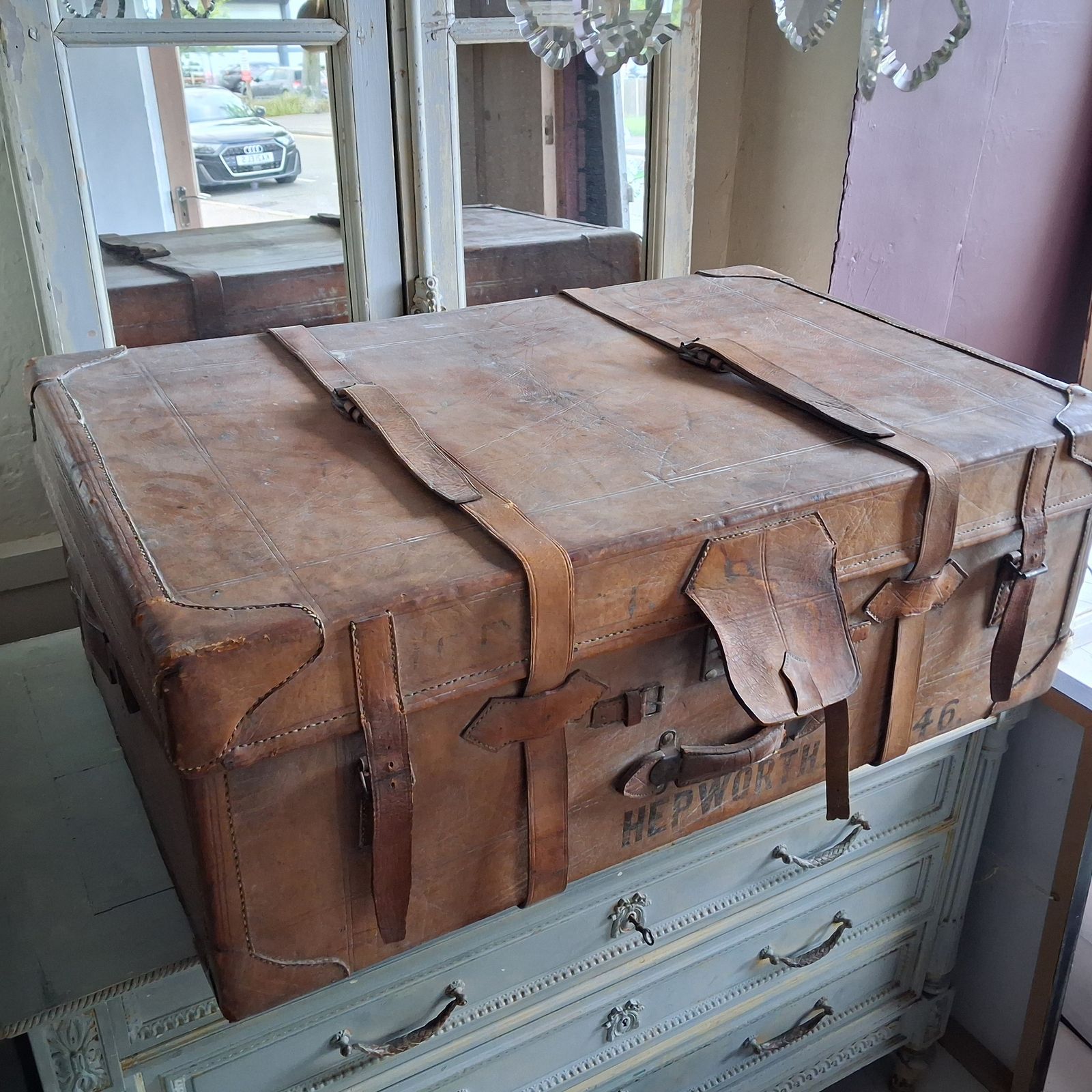 Huge Vintage Brown Leather Trunk Suitcase