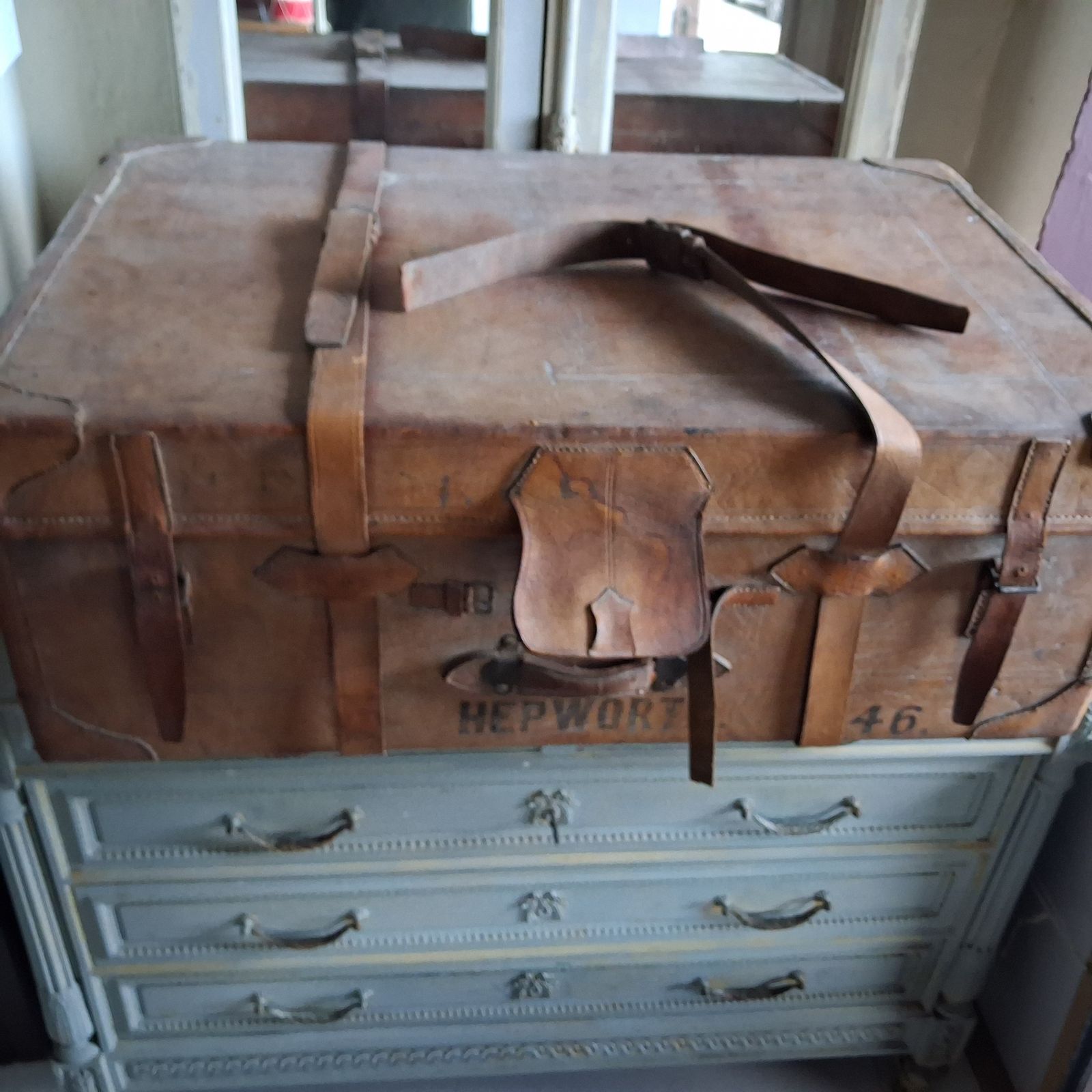 photo furniture Huge Vintage Brown Leather Trunk Suitcase