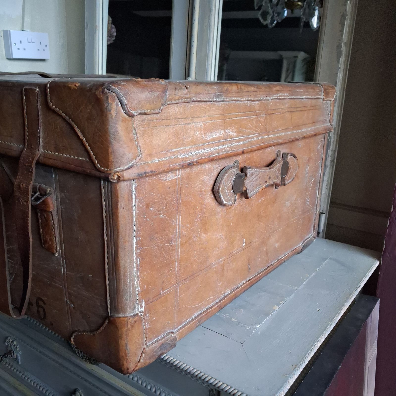 Furniture Huge Vintage Brown Leather Trunk Suitcase photo