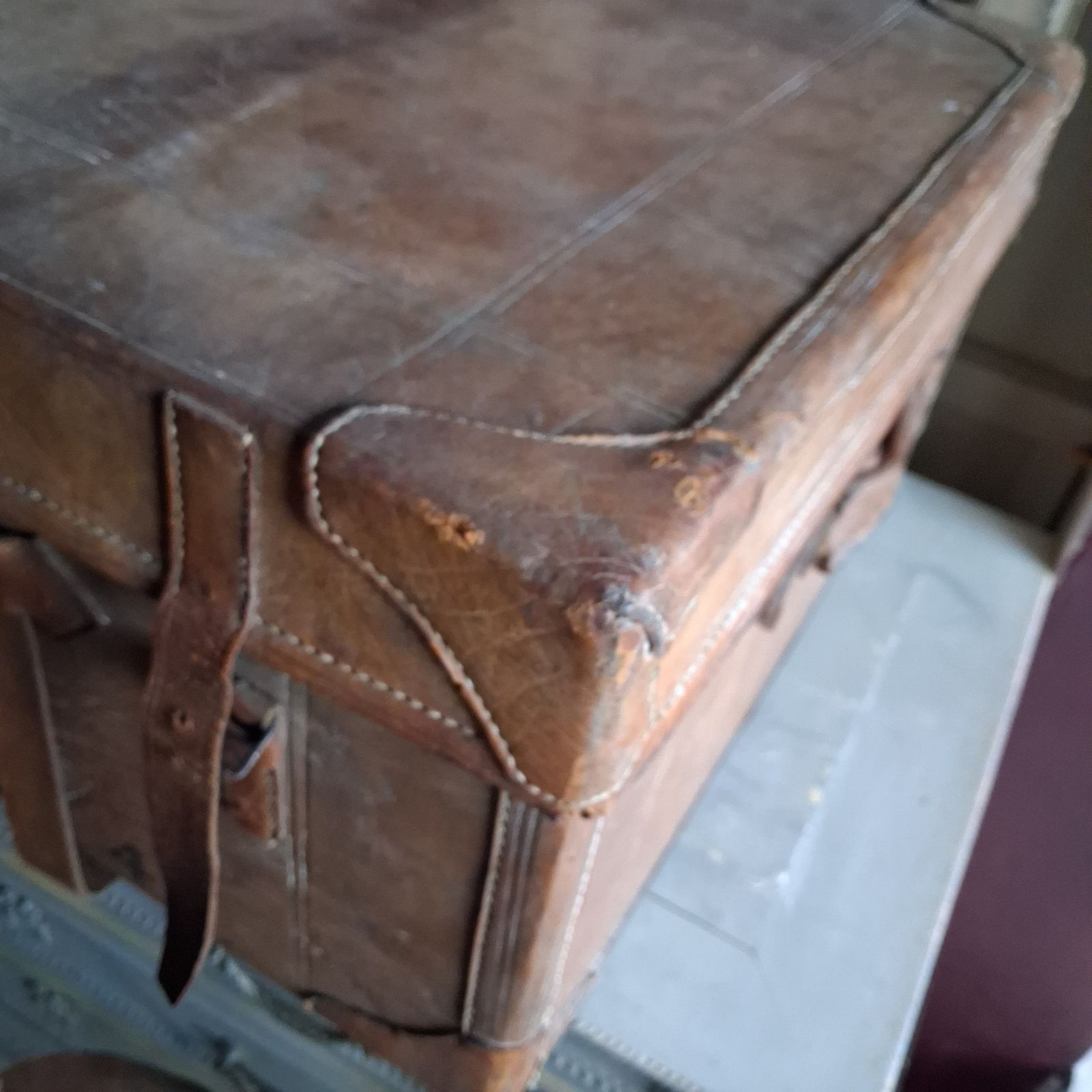 150.0 Huge Vintage Brown Leather Trunk Suitcase photo
