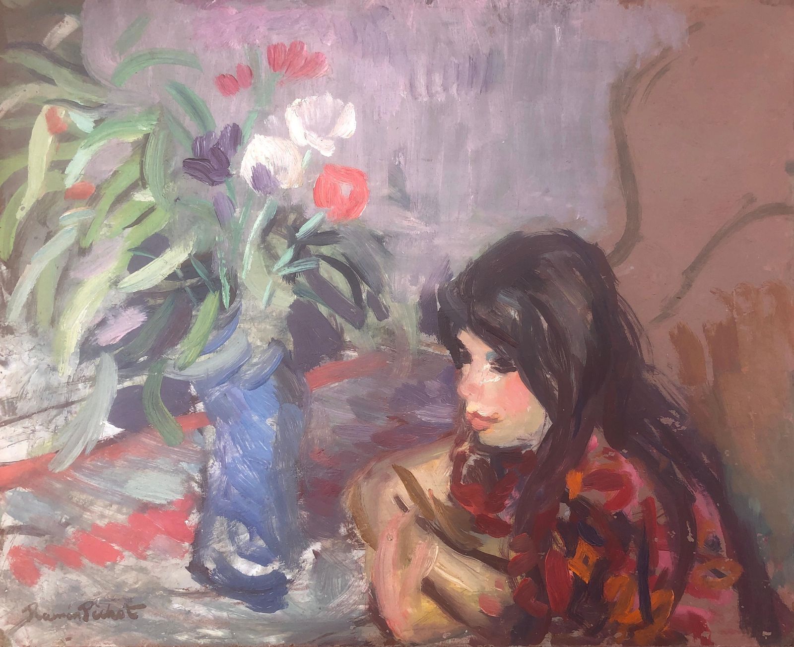 Ramon Pichot I Soler – Mediterrane Vrouw Met Bloemen, Interieur, Post Impressionistisch Olieschilderij, Ca. 1975