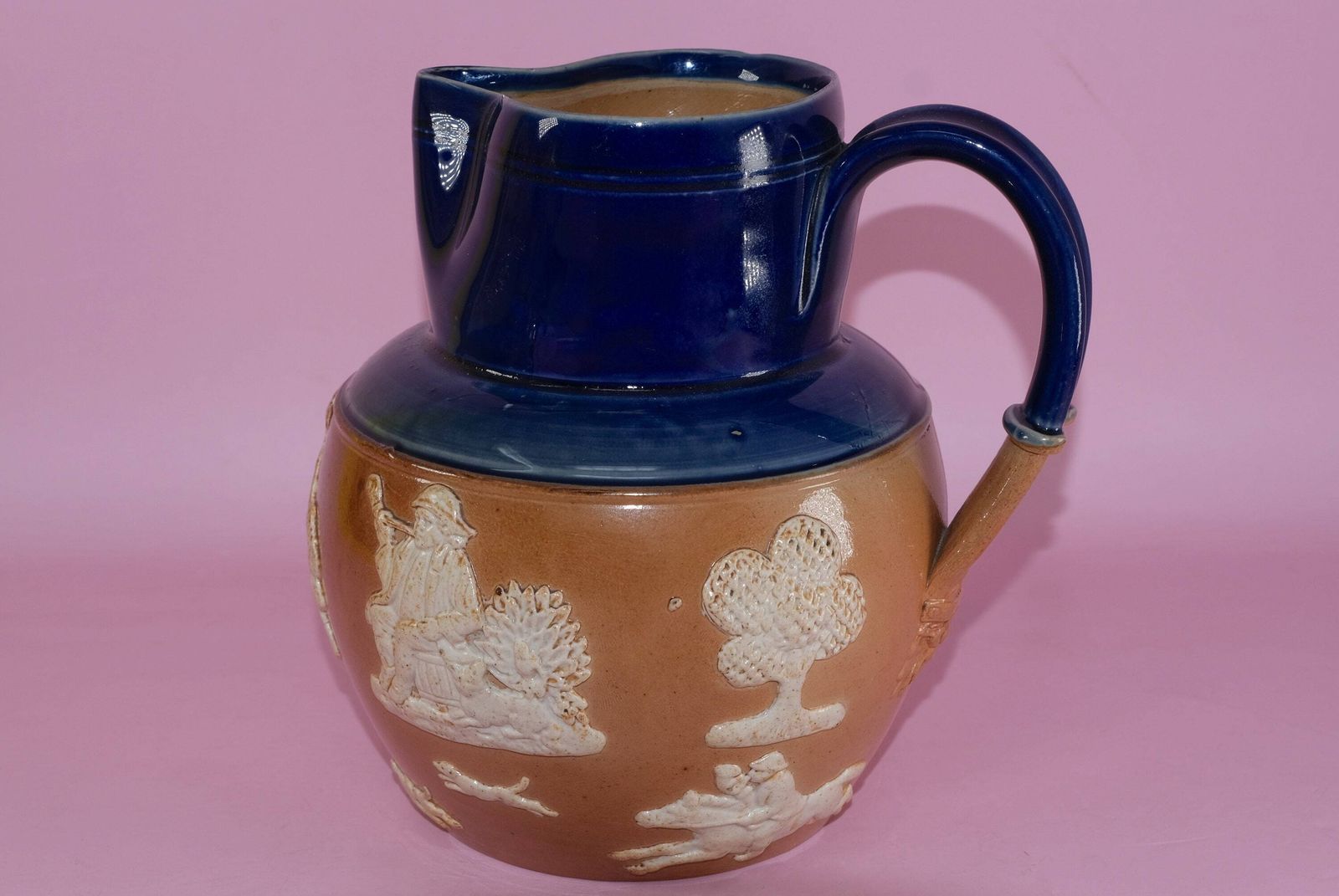 Royal Doulton Harvest Jug | Antique Stoneware Pinch Jug | Cobalt Blue Salt Glaze Pitcher | Sprigged Hunt Scene | 1902–1930 photo vintage
