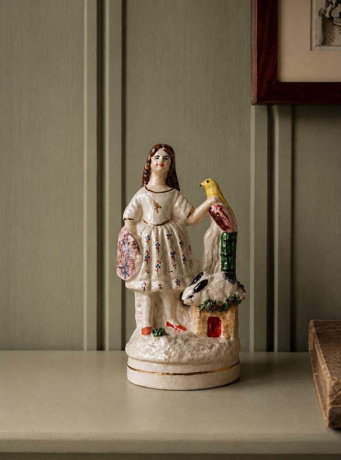 Antique Staffordshire Flatback Figure Girl With Bird And Rabbit Victorian Pottery Mantel Ornament