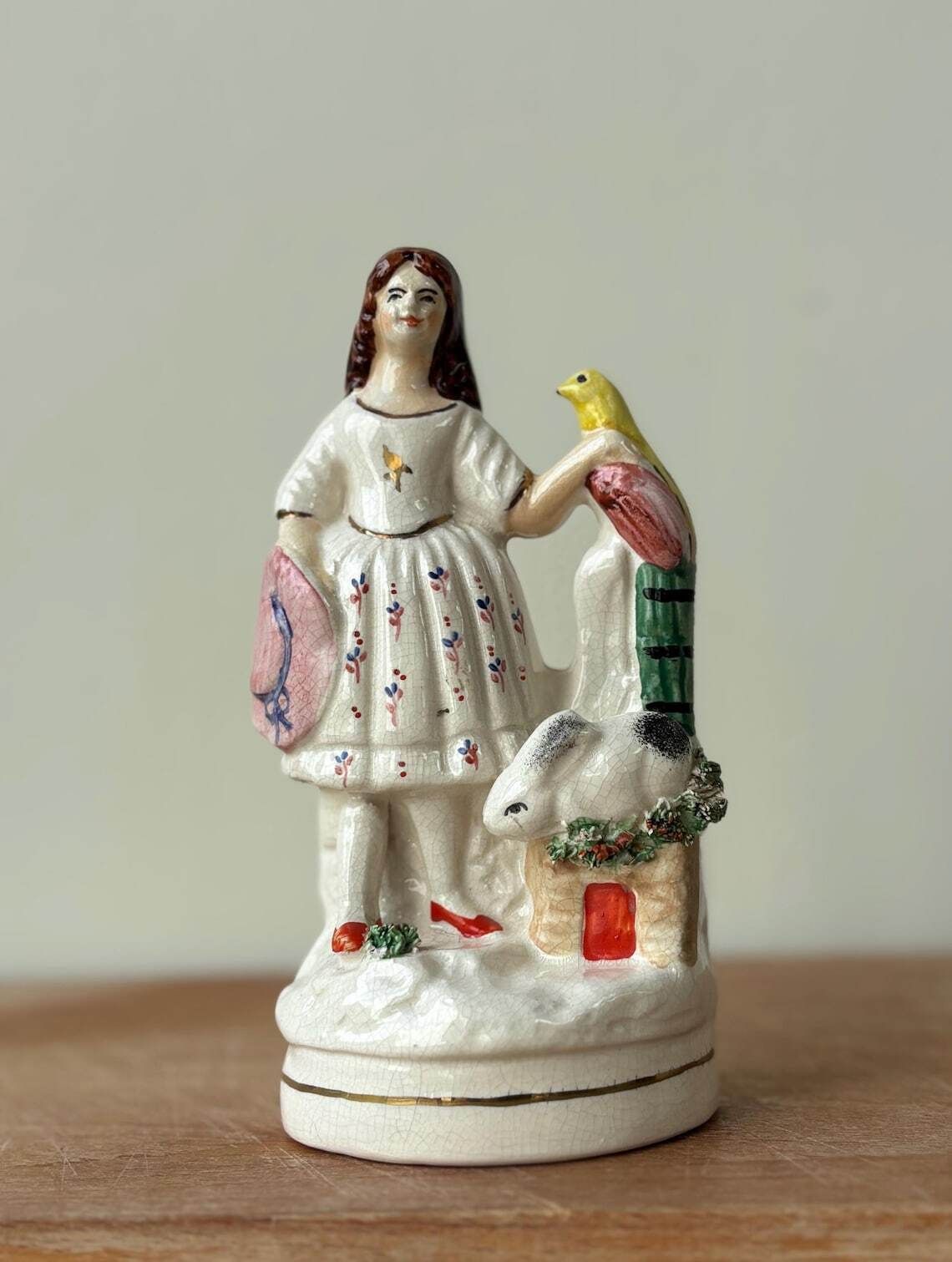 Antique Staffordshire Flatback Figure Girl With Bird And Rabbit Victorian Pottery Mantel Ornament photo furniture