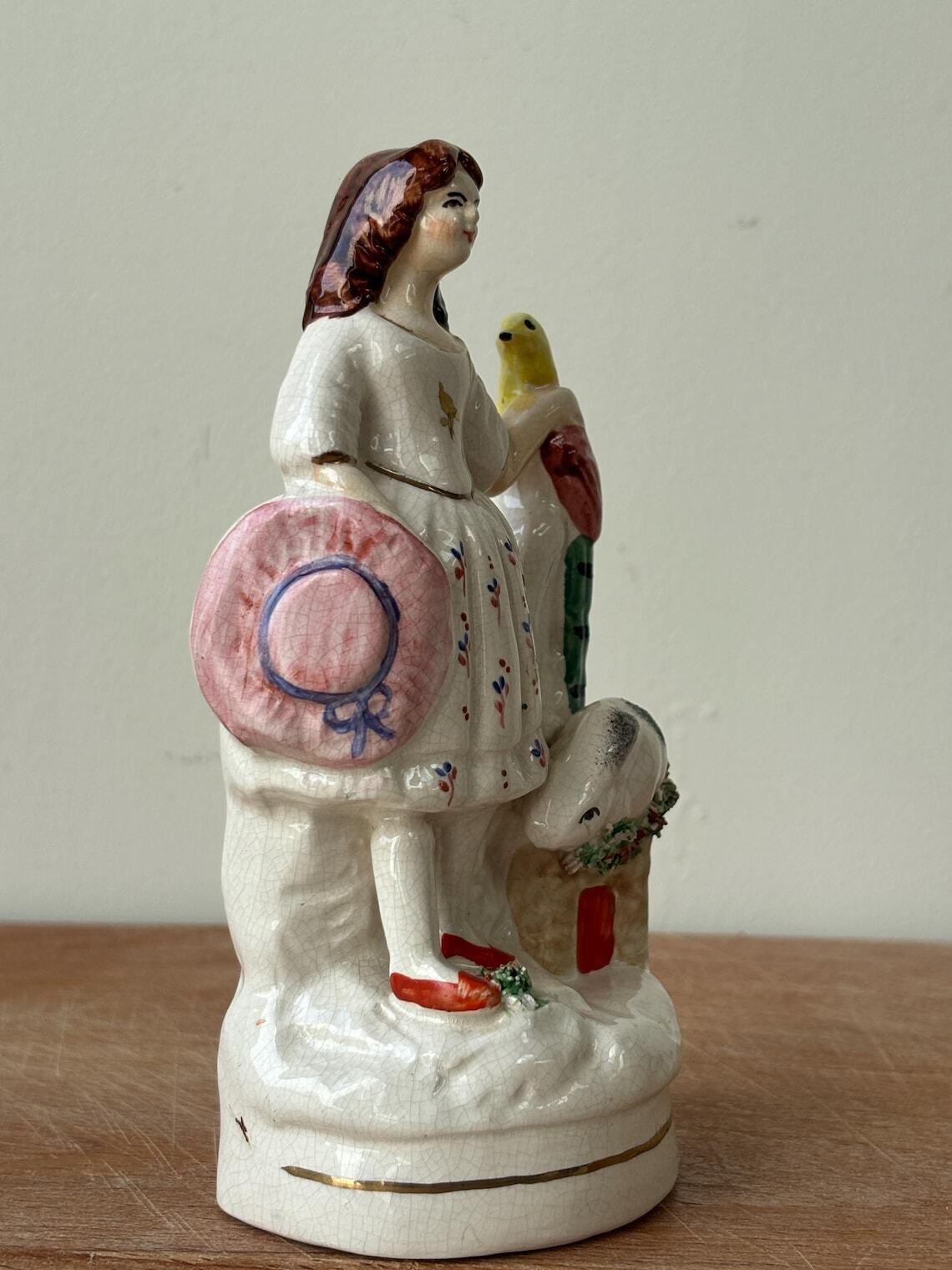 Antique Staffordshire Flatback Figure Girl With Bird And Rabbit Victorian Pottery Mantel Ornament photo for sale