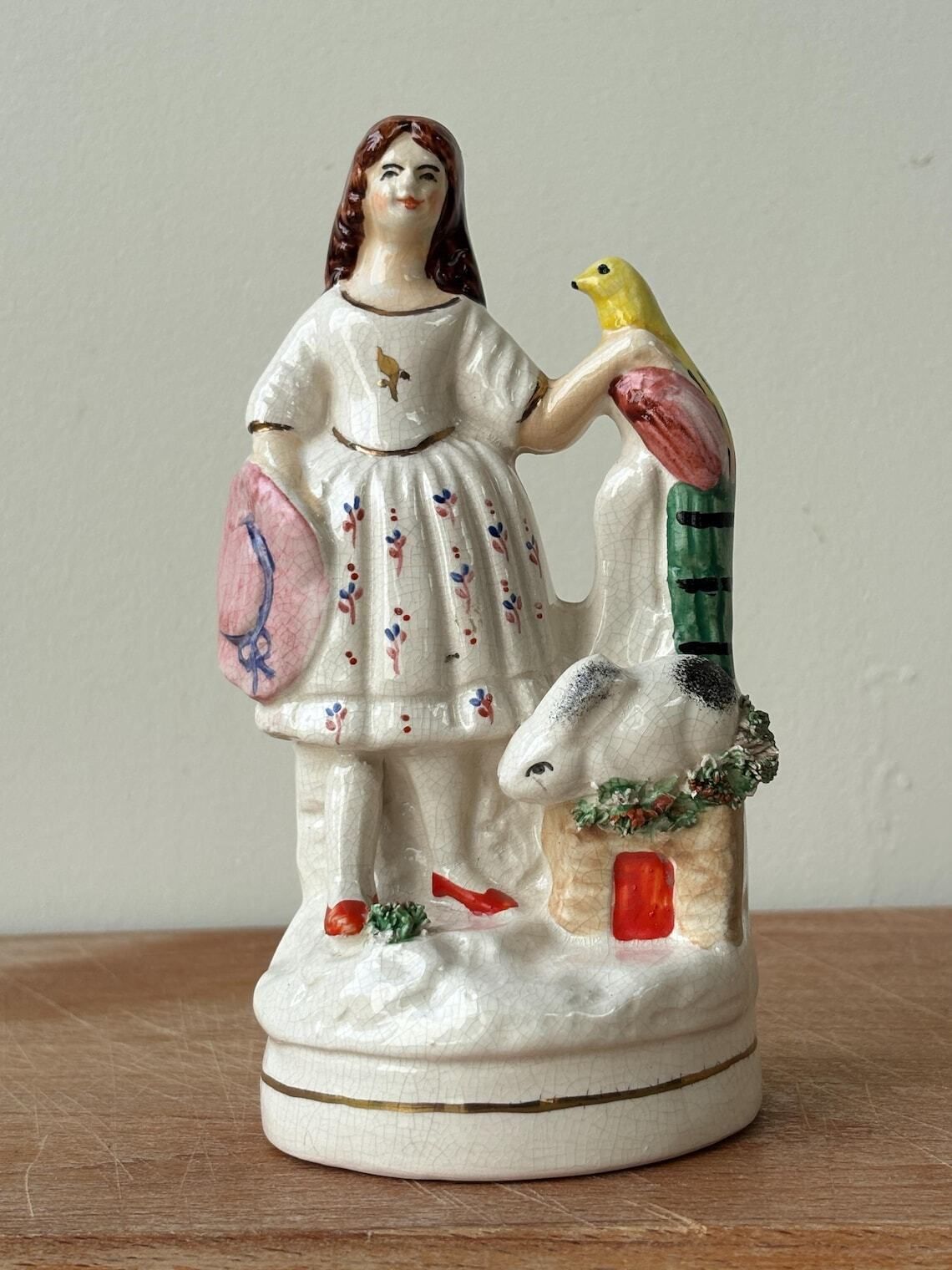 Antique Staffordshire Flatback Figure Girl With Bird And Rabbit Victorian Pottery Mantel Ornament photo Home Decor