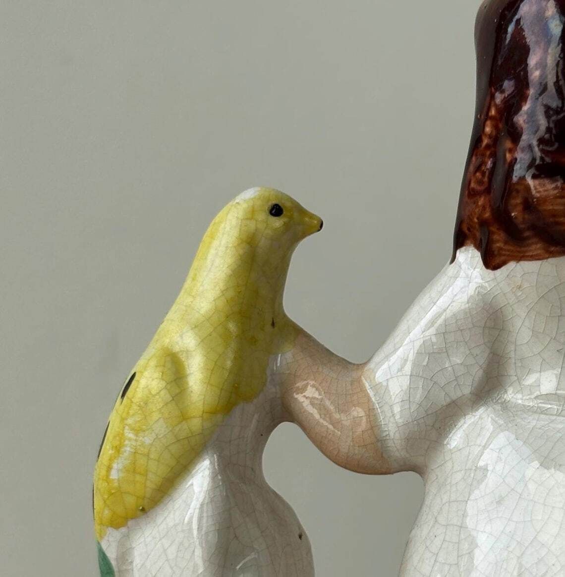 Antique Staffordshire Flatback Figure Girl With Bird And Rabbit Victorian Pottery Mantel Ornament photo vintage