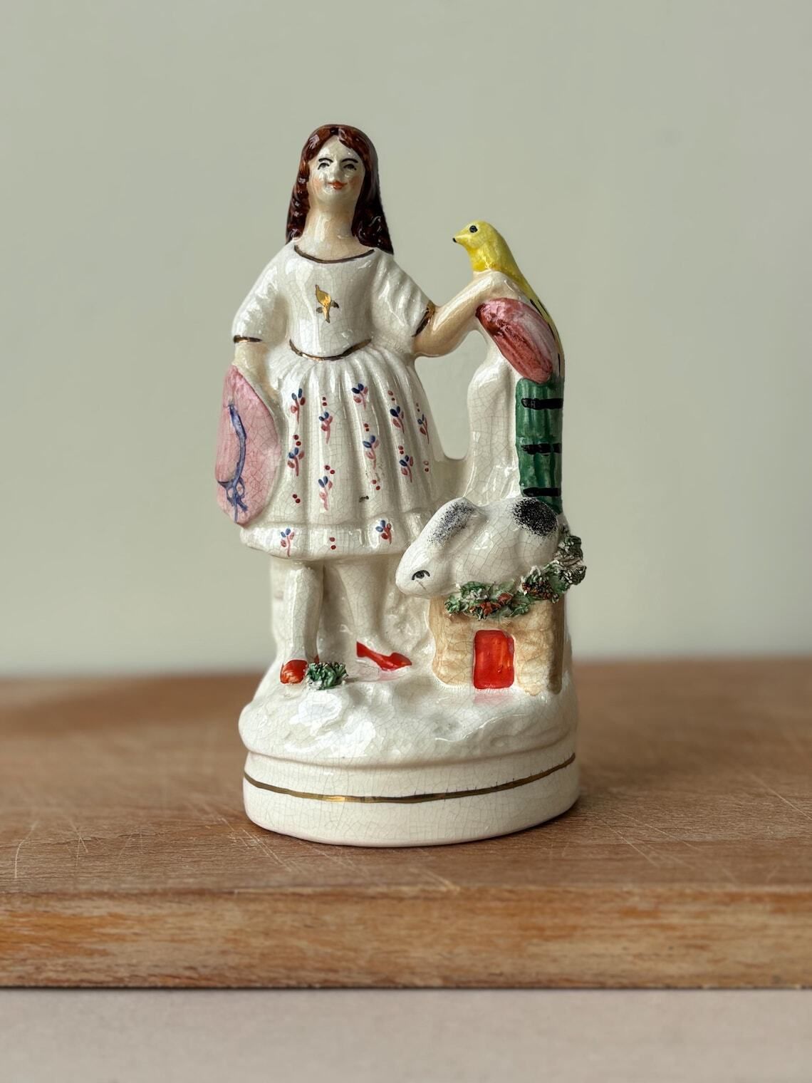 photo furniture Antique Staffordshire Flatback Figure Girl With Bird And Rabbit Victorian Pottery Mantel Ornament