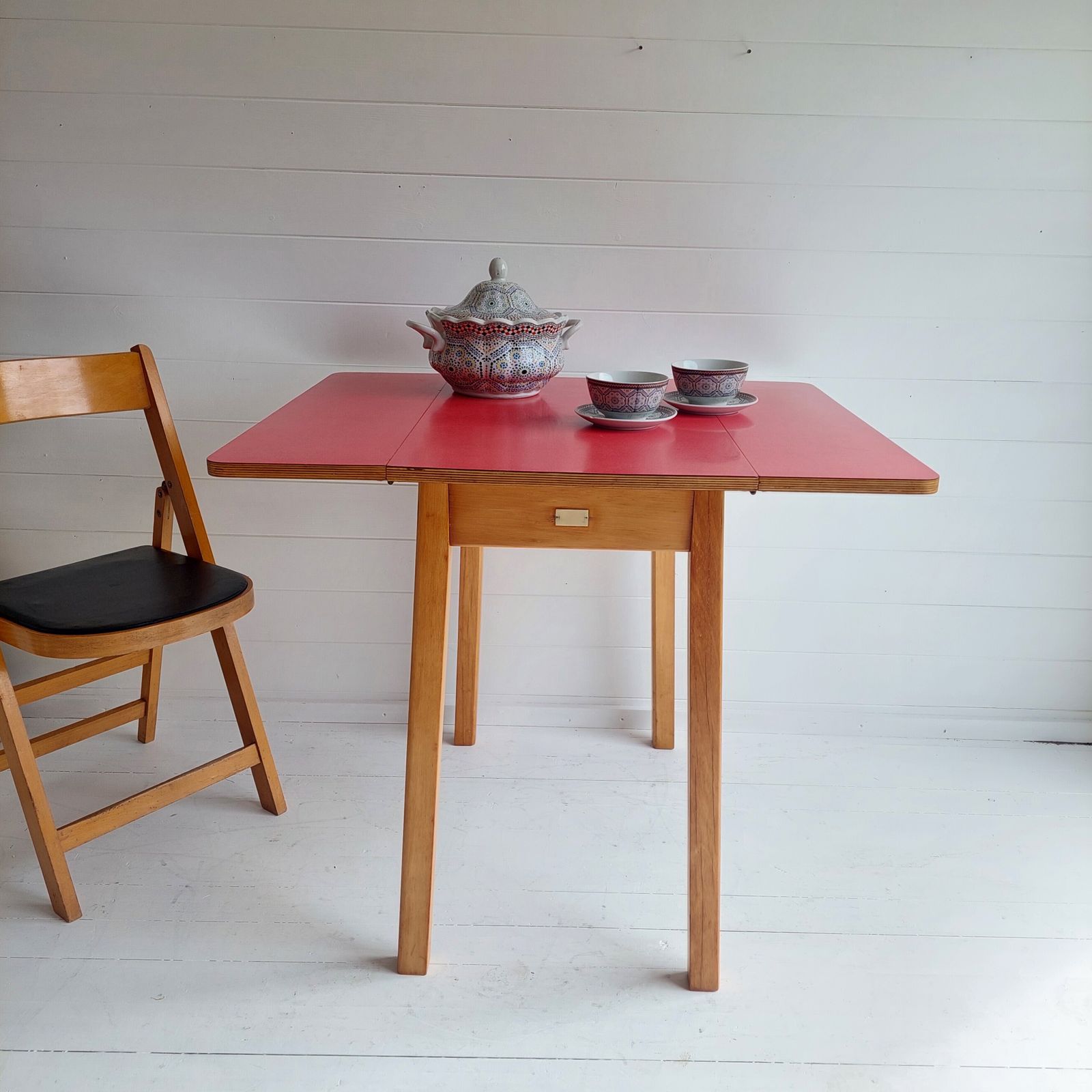 Mid Century Vintage Red Drop Leaf Formica Kitchen Dining Table 1960s
