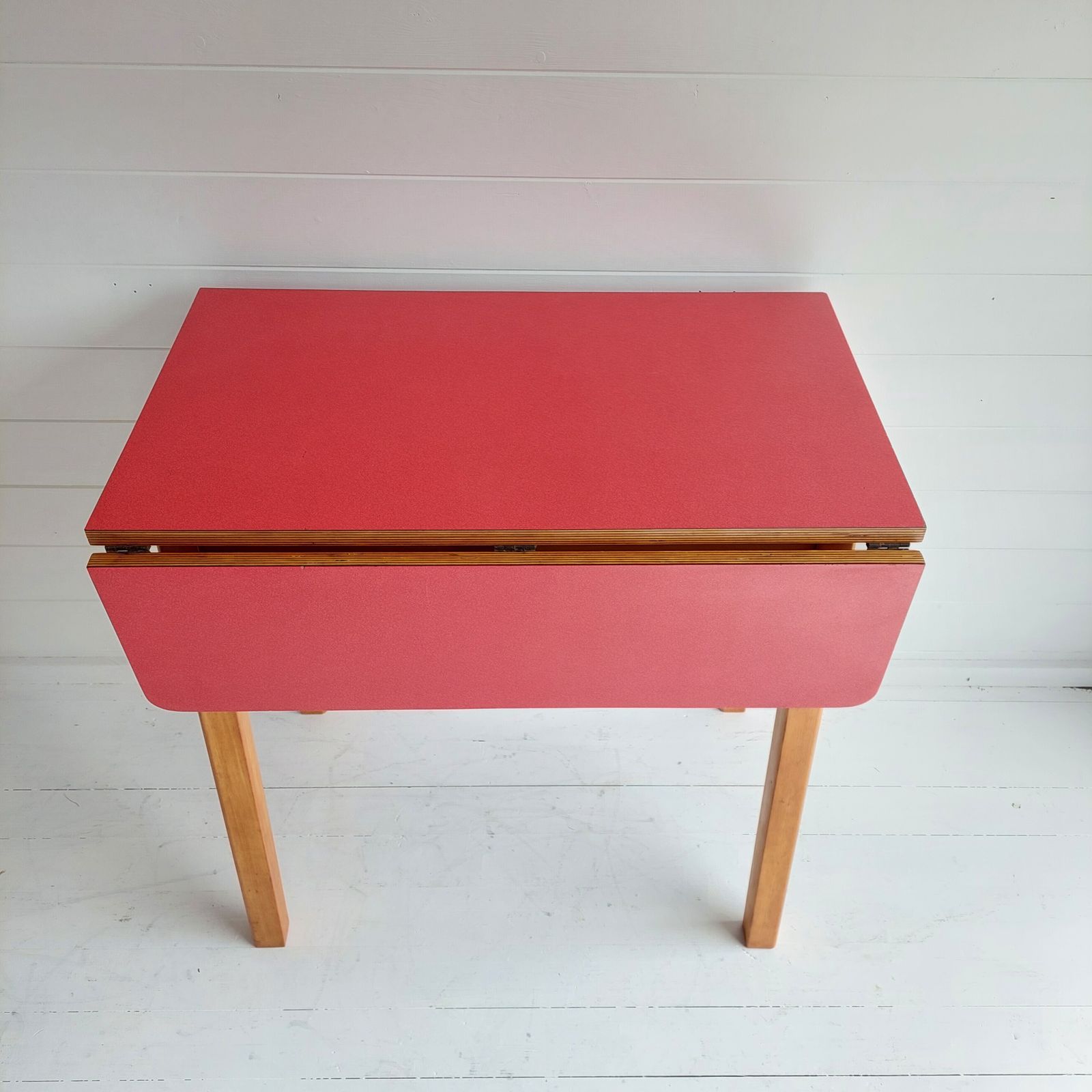 230.0 Mid Century Vintage Red Drop Leaf Formica Kitchen Dining Table 1960s photo
