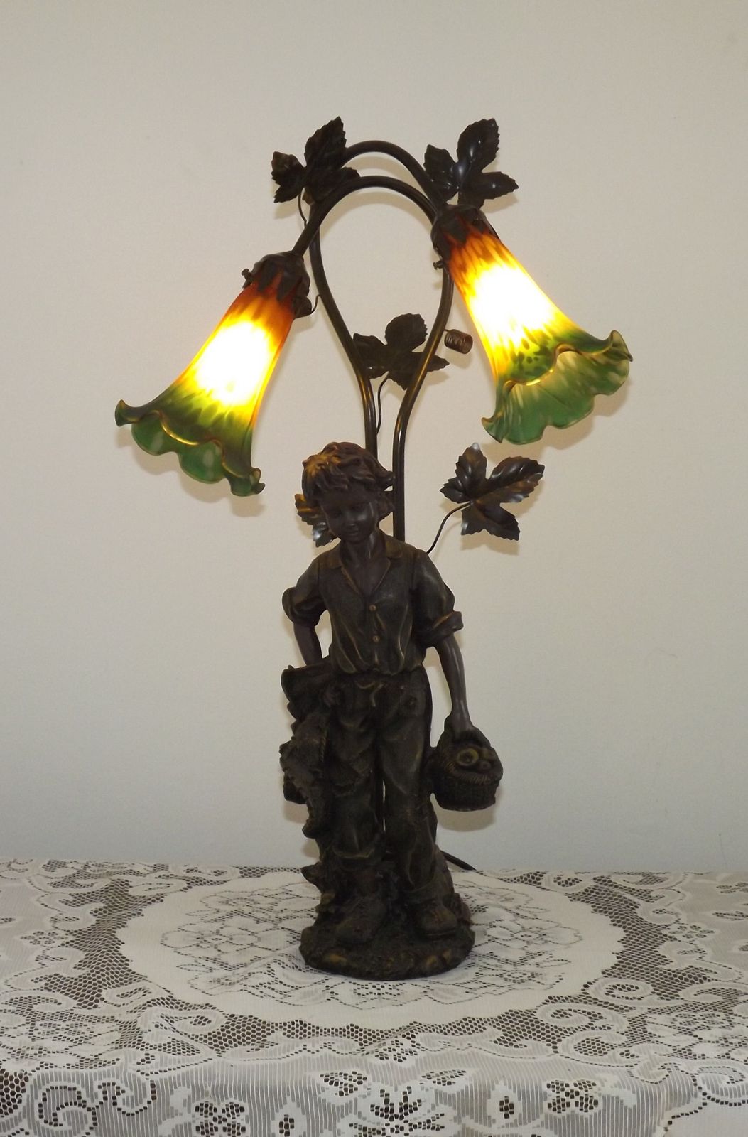 Art Nouveau Table Lamp With Boy Figurine Amber & Green Glass Tulip Shades