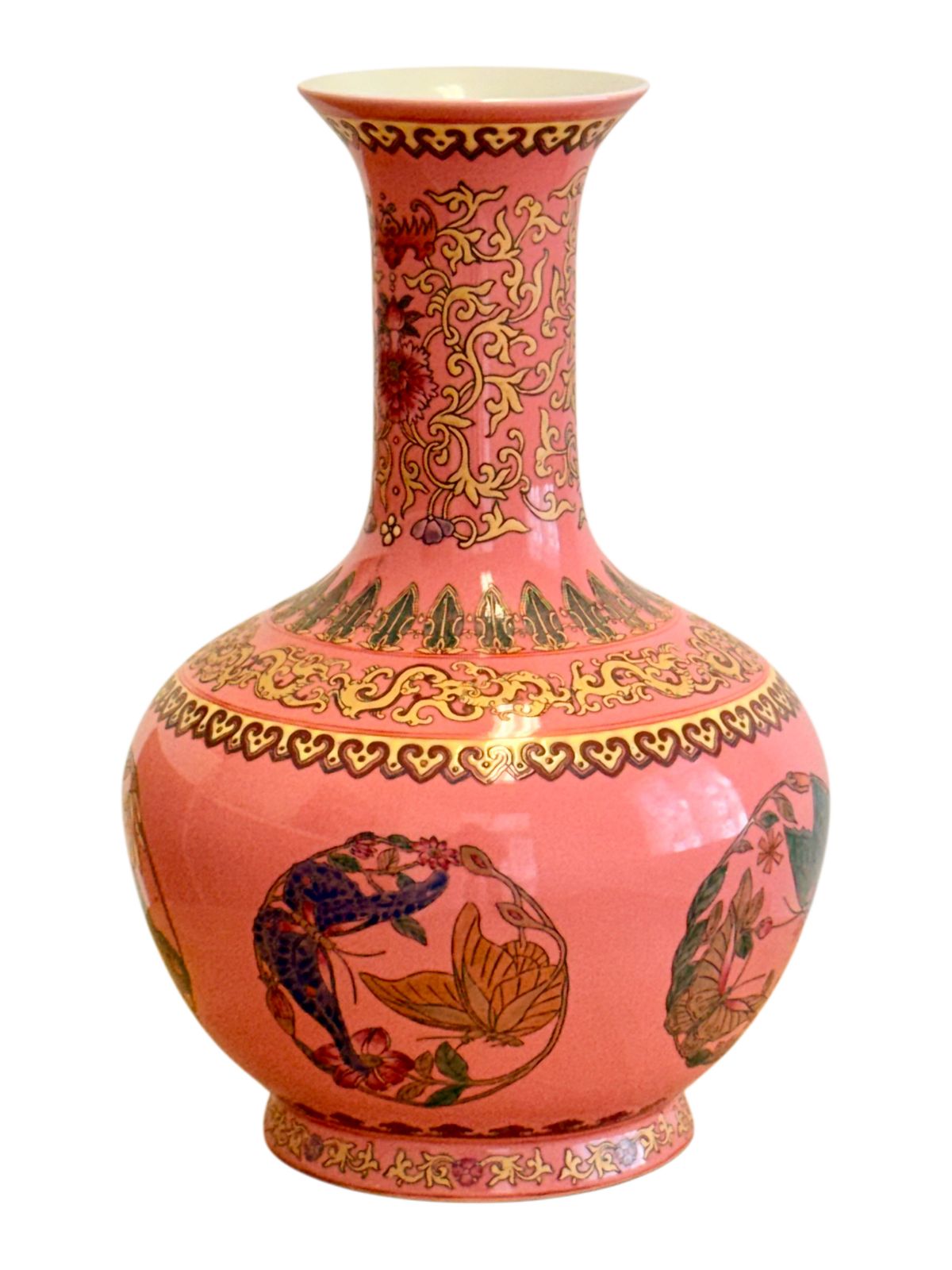 Chinese Famille Rose Pink Butterfly Vase, Qianlong Mark, Gold Accents