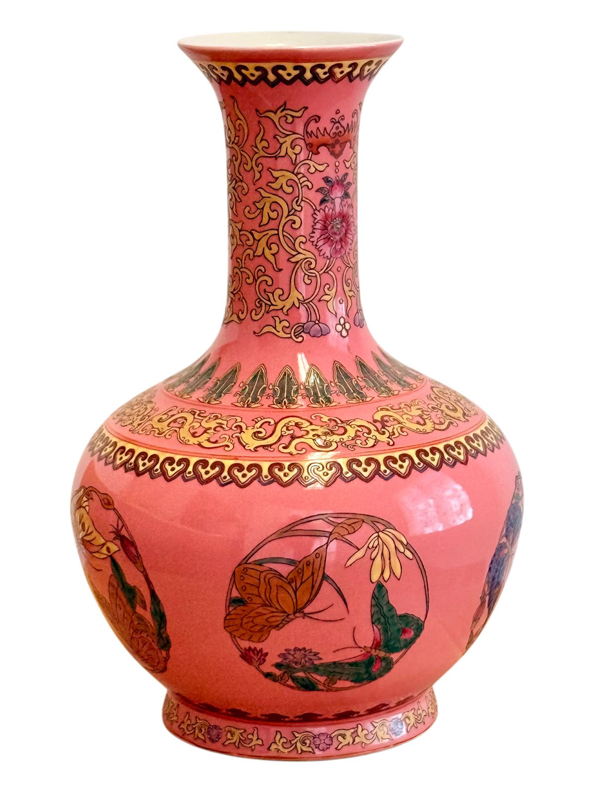 Chinese Famille Rose Pink Butterfly Vase, Qianlong Mark, Gold Accents photo Home Decor