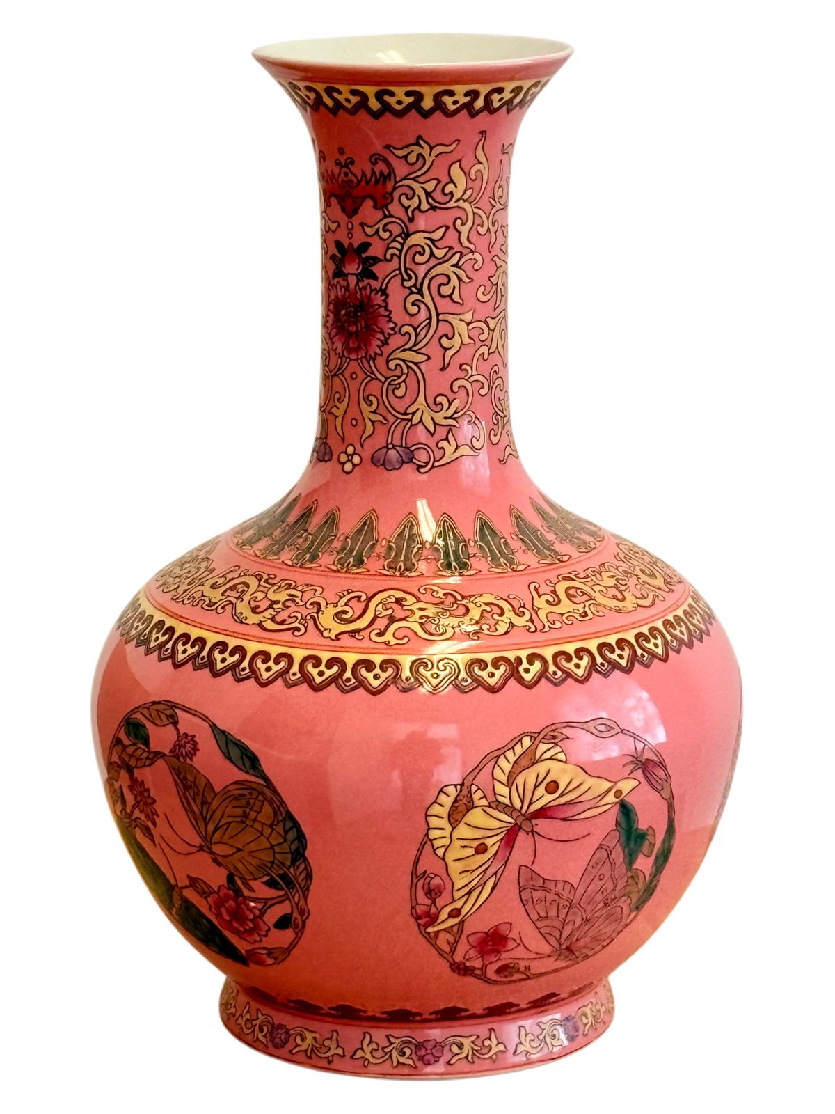 Chinese Famille Rose Pink Butterfly Vase, Qianlong Mark, Gold Accents photo 485.0