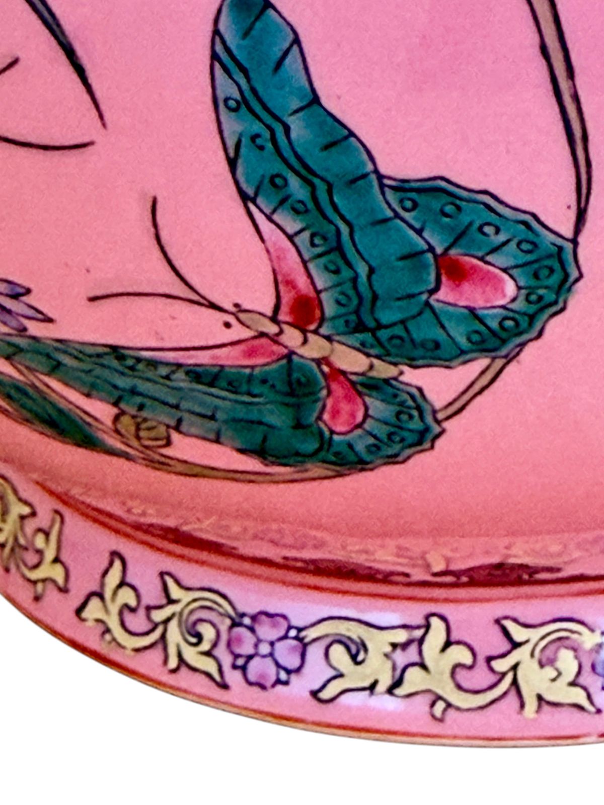 photo furniture Chinese Famille Rose Pink Butterfly Vase, Qianlong Mark, Gold Accents