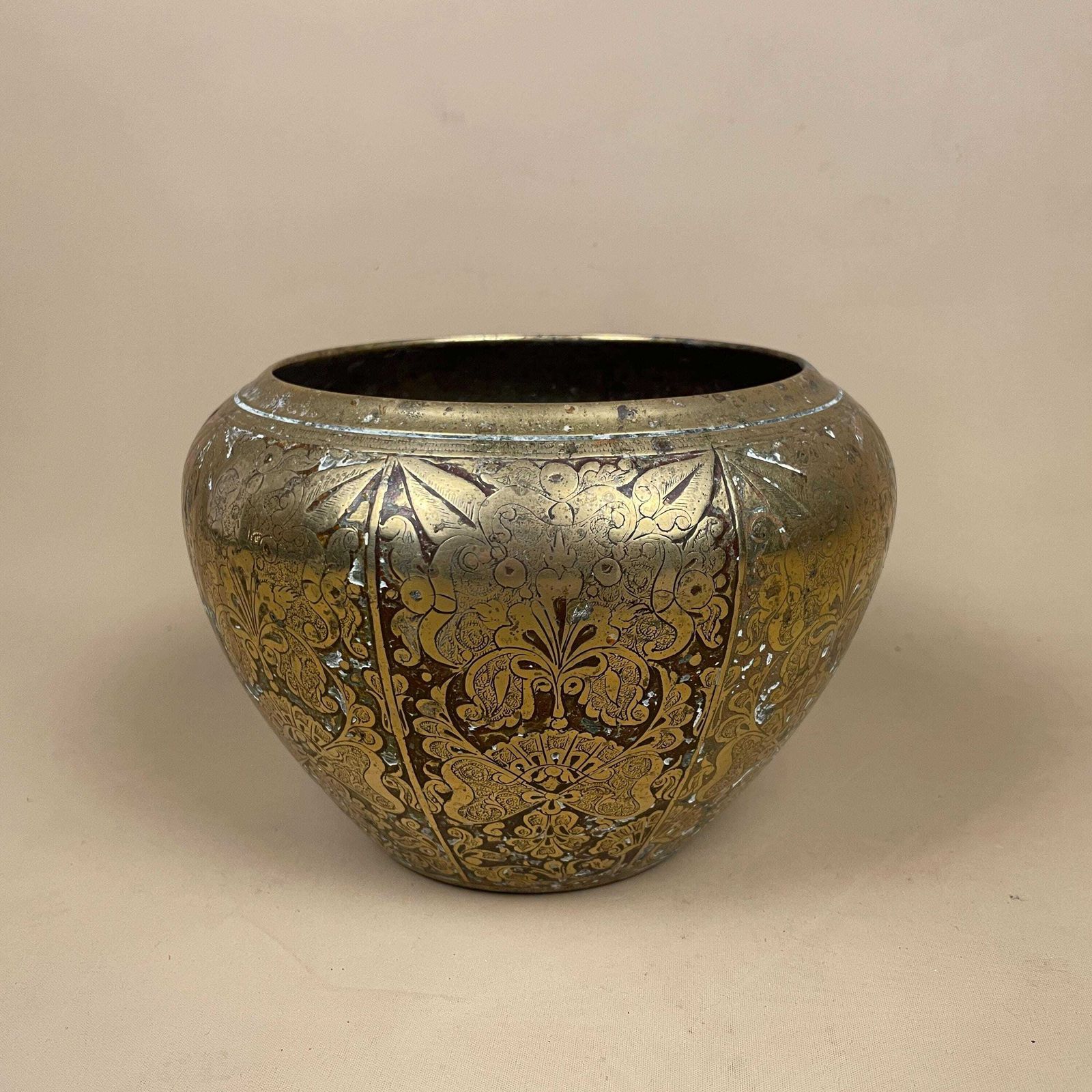 Antique Metal Gold Indian Patterned Brass Plant Pot Planter Jardiniere Asian Handmade Engraved Etched Intricate Vintage Urn Decorative Red