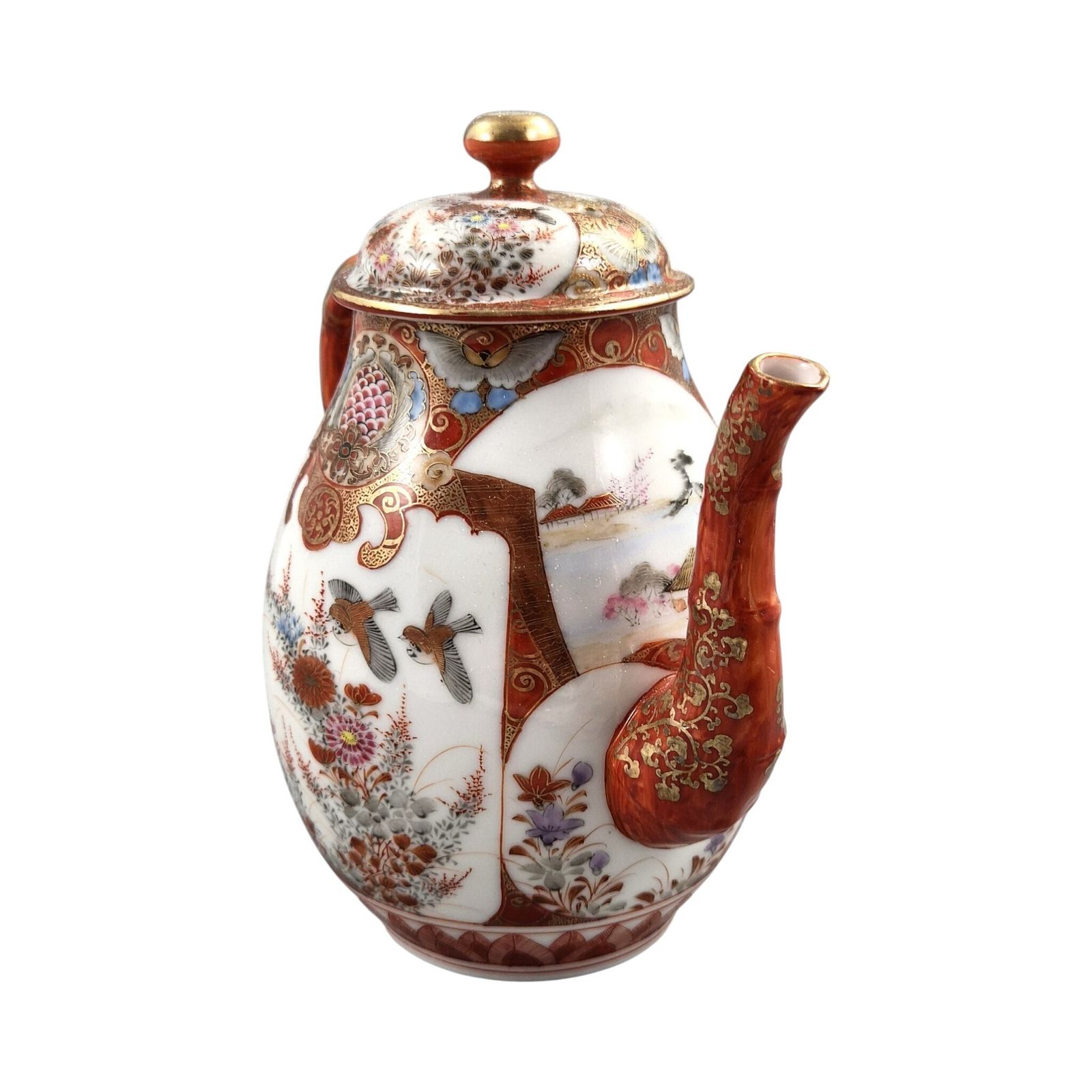 photo for sale Meiji Kutani Theepot Met Bamboehengsel En Decoratieve Vaasstandaard, ca. 1890