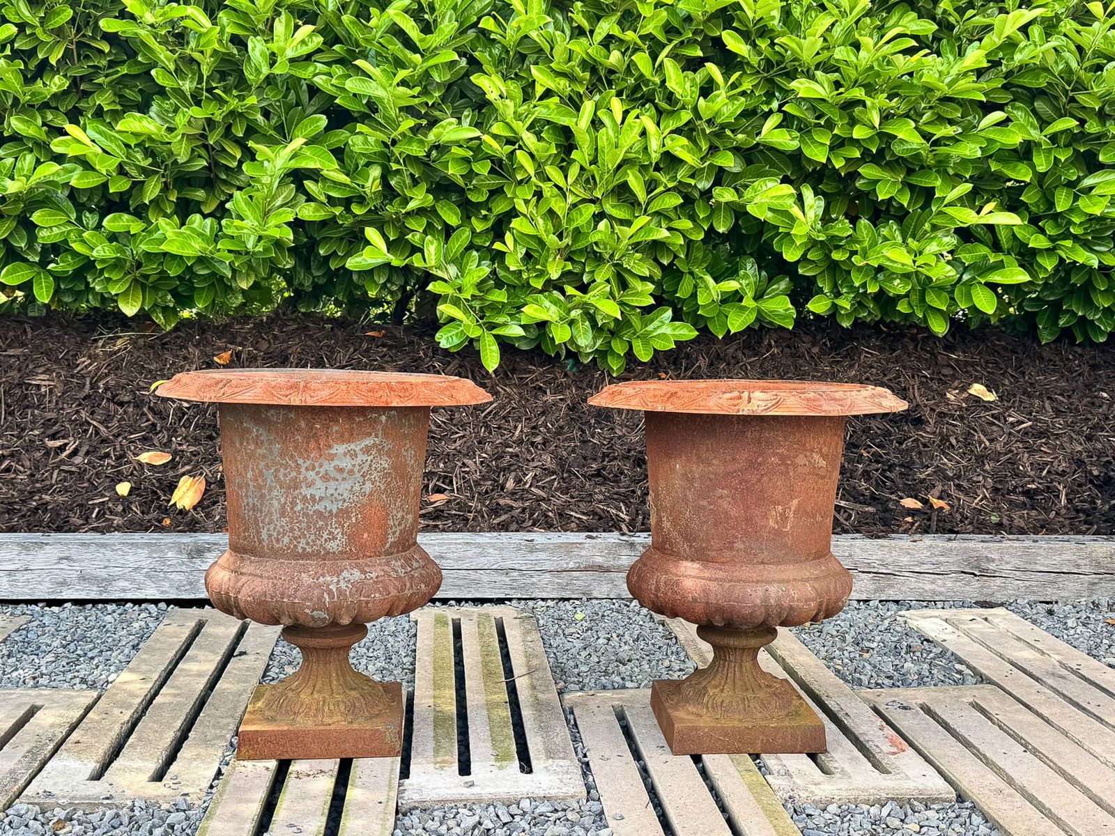 Large Pair Cast Iron Victorian Rococo Style Garden Urn Planters Late 20th Century