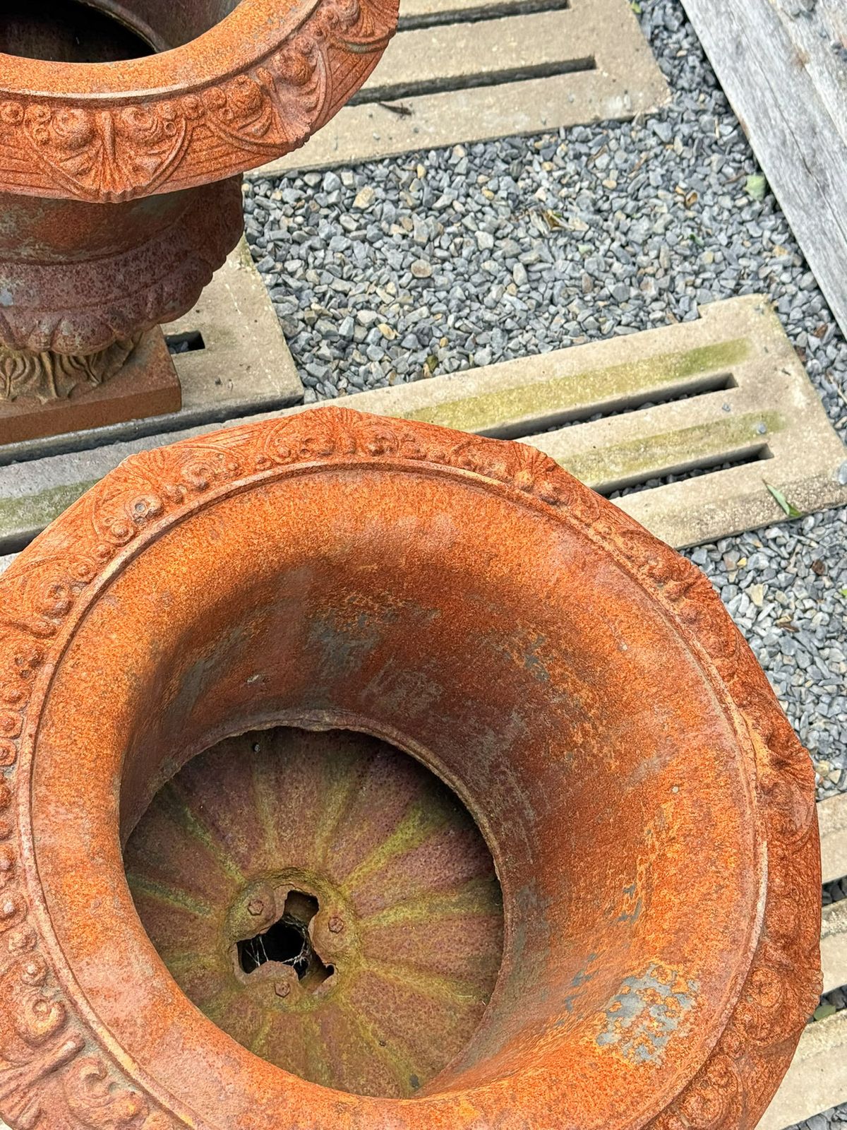 Large Pair Cast Iron Victorian Rococo Style Garden Urn Planters Late 20th Century photo vintage