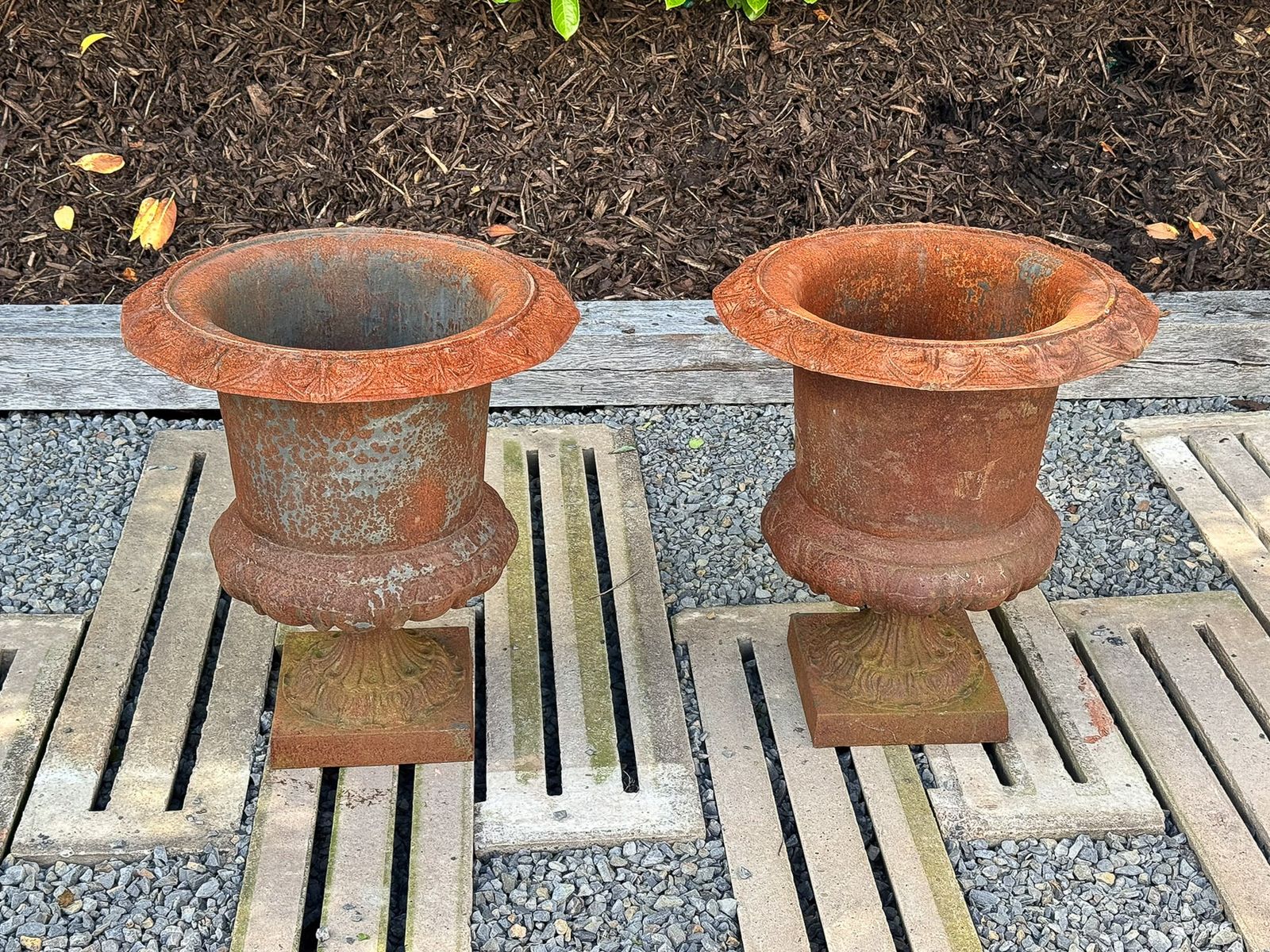 photo buy Large Pair Cast Iron Victorian Rococo Style Garden Urn Planters Late 20th Century