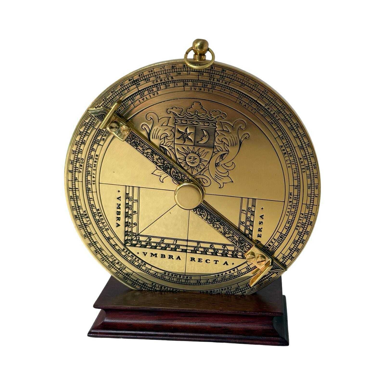Franklin Mint   Astronomical Astrolabe   Gold Plated Brass On Wooden Mount   1987 photo 179.0