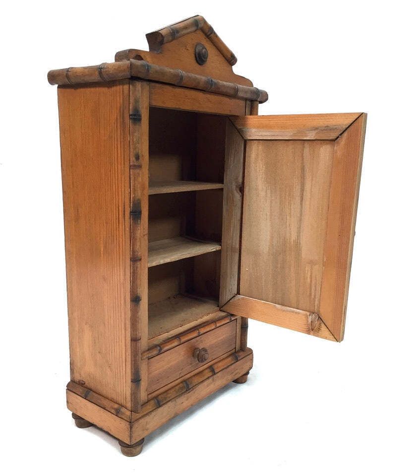 Antique Tabletop Wooden Bamboo & Pine Miniature Cabinet Cupboard / Mirror C.1930 photo Furniture