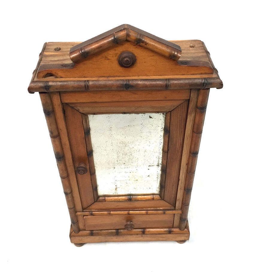 Antique Tabletop Wooden Bamboo & Pine Miniature Cabinet Cupboard / Mirror C.1930 photo vinterior