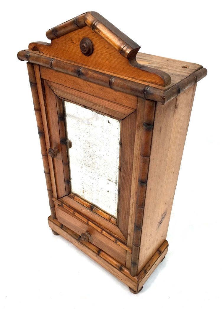 Antique Tabletop Wooden Bamboo & Pine Miniature Cabinet Cupboard / Mirror C.1930 photo vintage