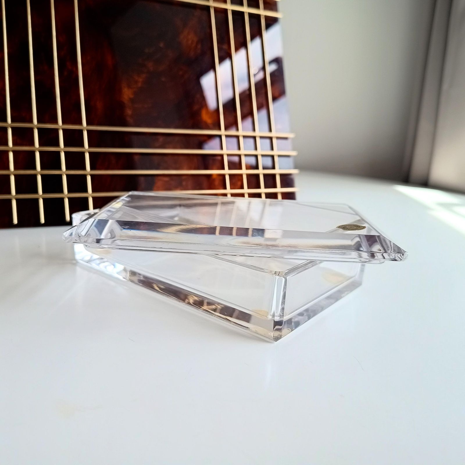 Midcentury Modernist Val St Lambert Clear Crystal Glass Cigar Or Jewelry Box, Art Deco Style photo vinterior