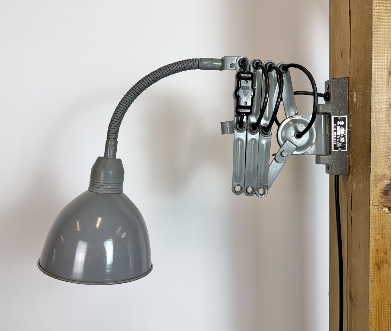 photo for sale Grey Industrial Gooseneck Scissor Wall Lamp From Elektroinstala, 1960s