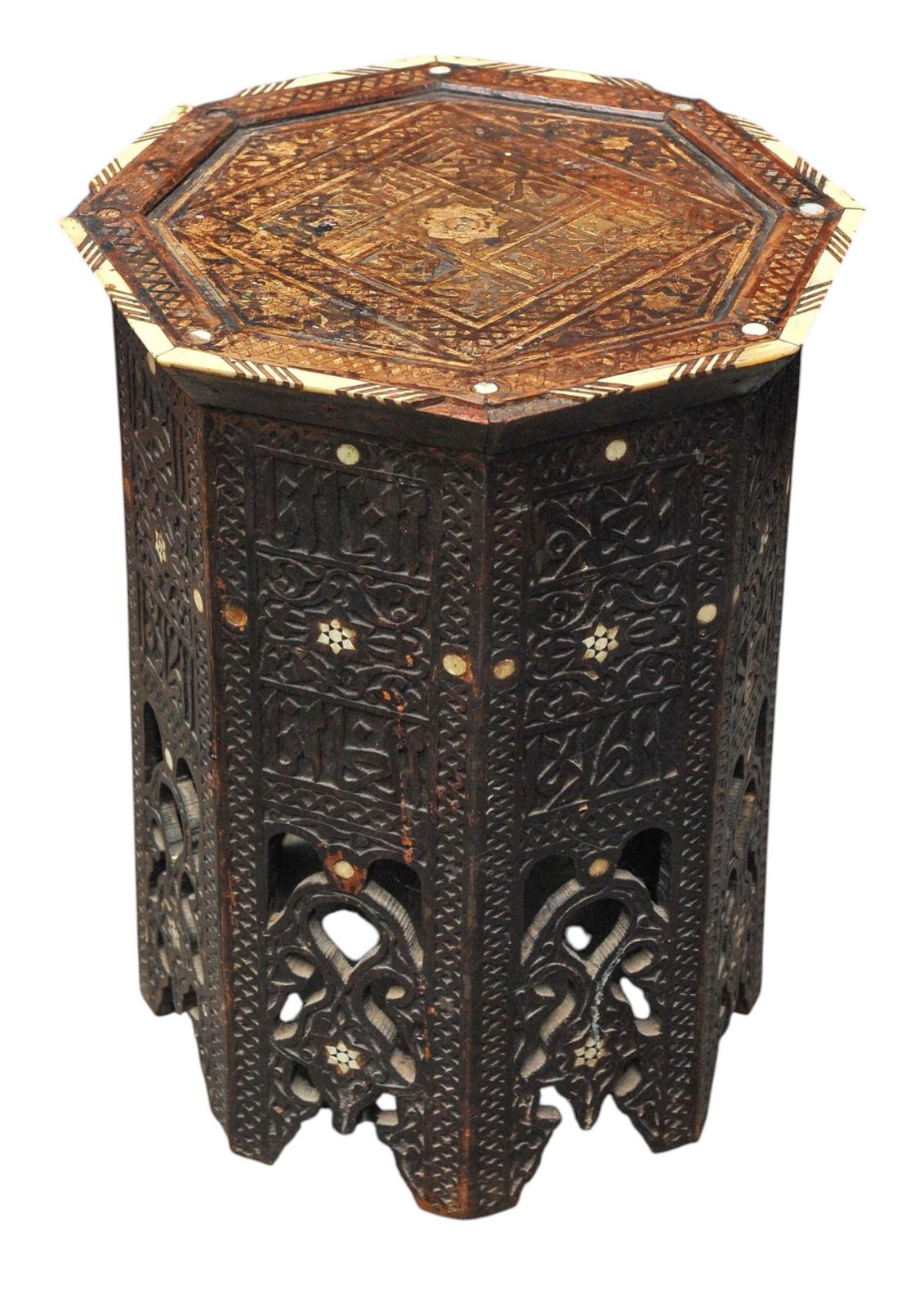 A Stunning Antique 19th Century Middle Eastern Damascus Occasional Table That Features Intricate Bone Inlay And Geometric Carvings. photo 2100.0