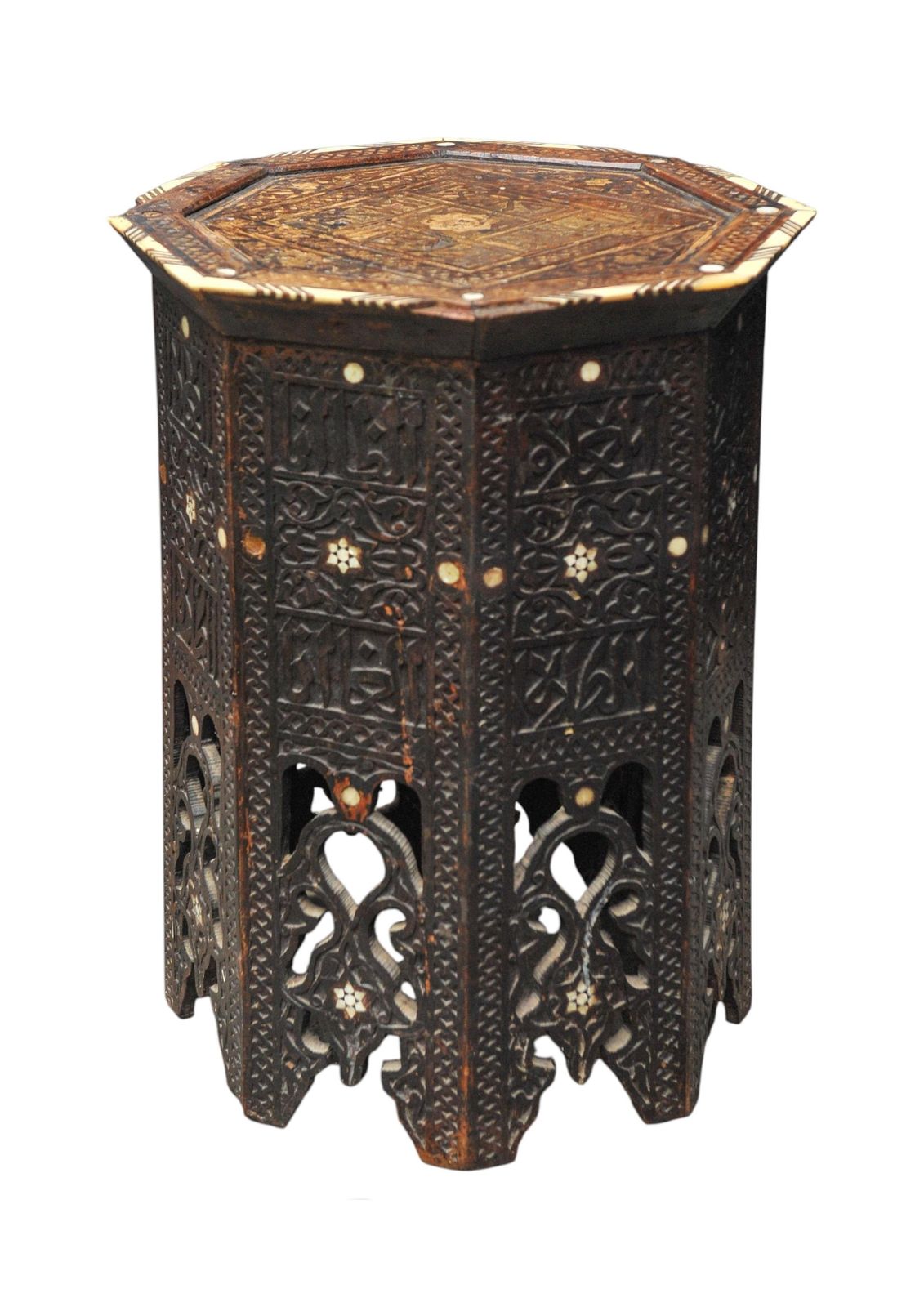 A Stunning Antique 19th Century Middle Eastern Damascus Occasional Table That Features Intricate Bone Inlay And Geometric Carvings. photo buy