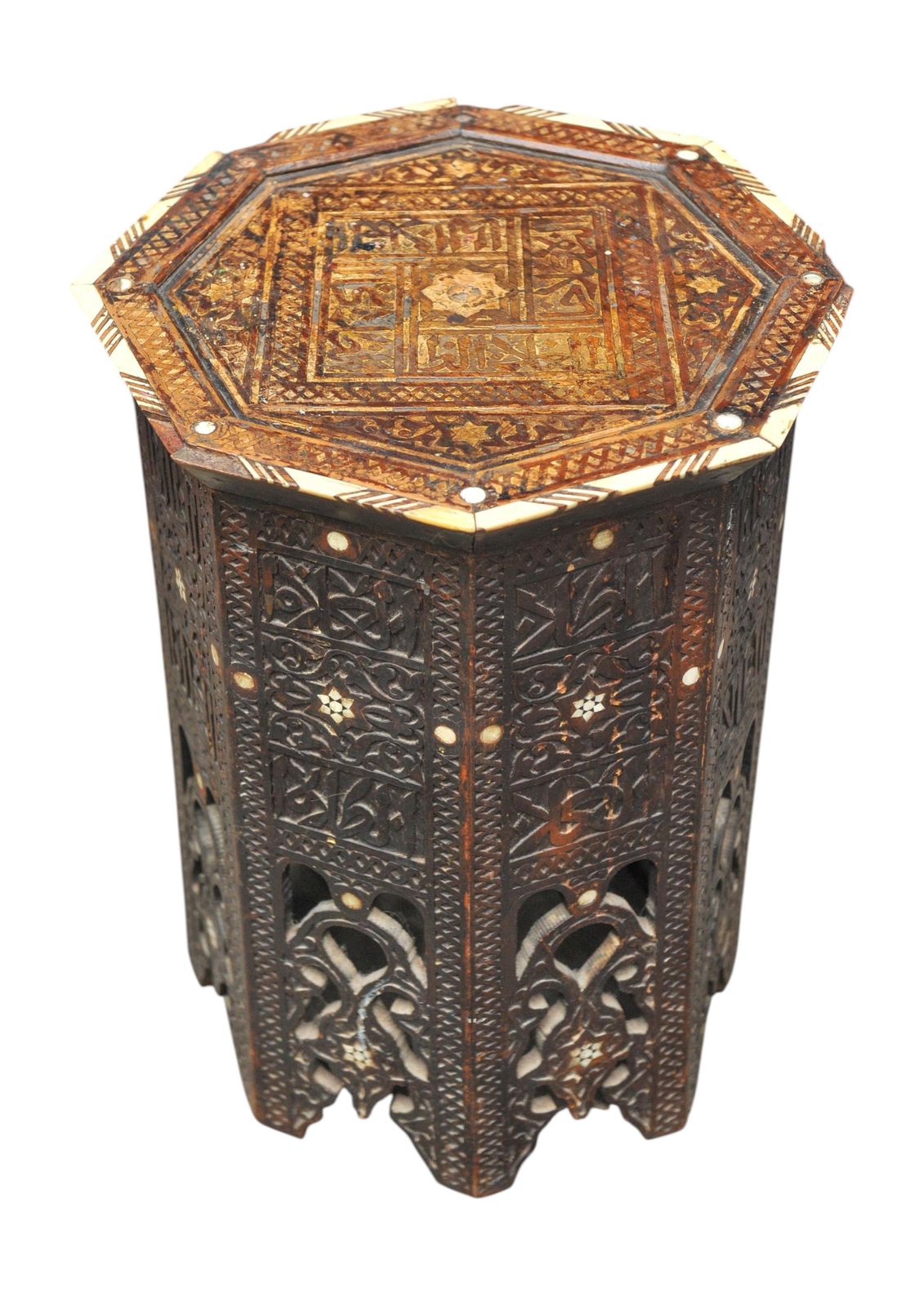 A Stunning Antique 19th Century Middle Eastern Damascus Occasional Table That Features Intricate Bone Inlay And Geometric Carvings. photo furniture