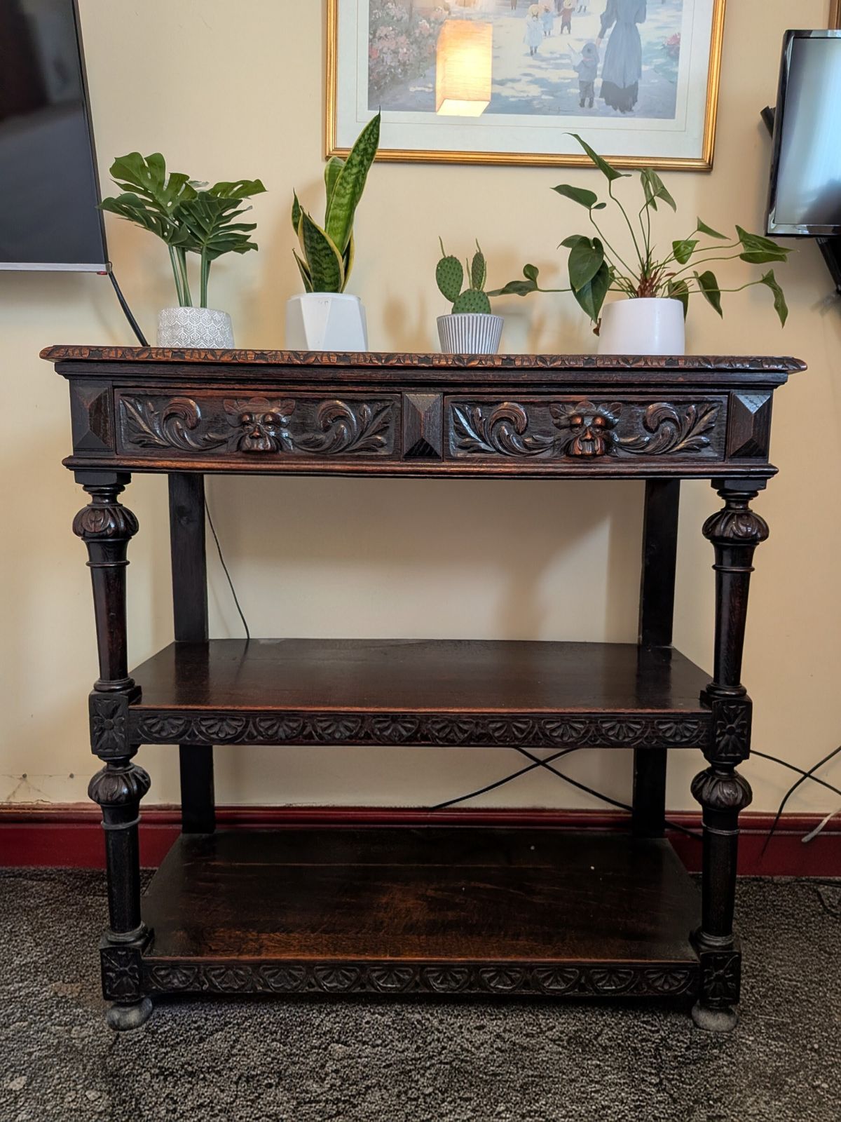 Victorian Oak Green Man Dumb Waiter