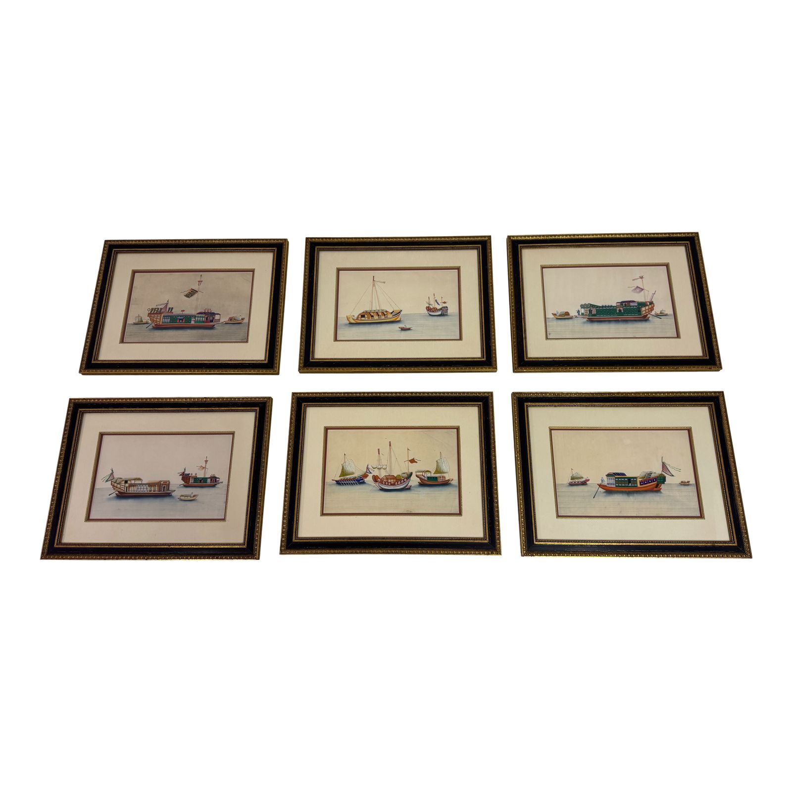 Set Of Six Chinese Rice Paper Paintings Of Boats