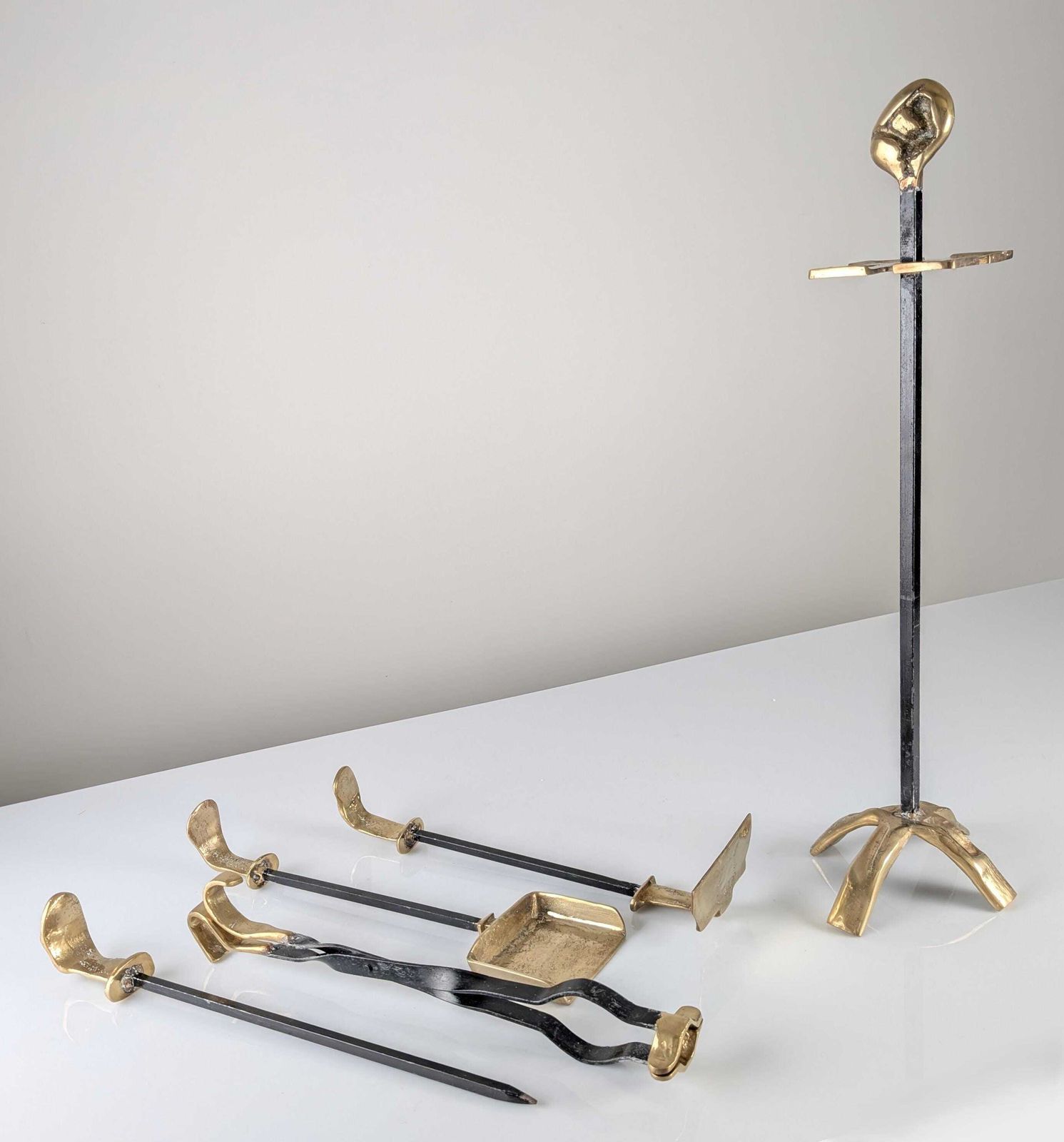 David Marshall Brutalist Brass And Iron Fireplace Tool Set, 1970s photo furniture