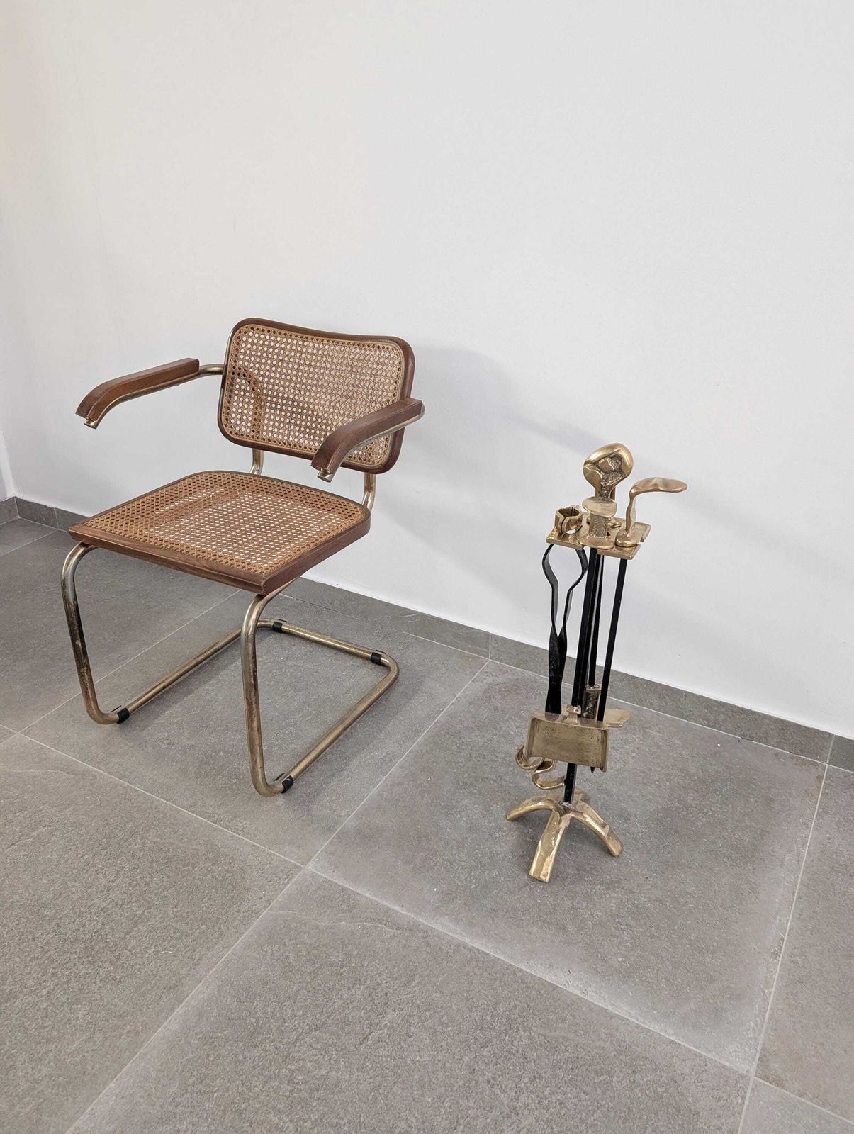David Marshall Brutalist Brass And Iron Fireplace Tool Set, 1970s photo vintage